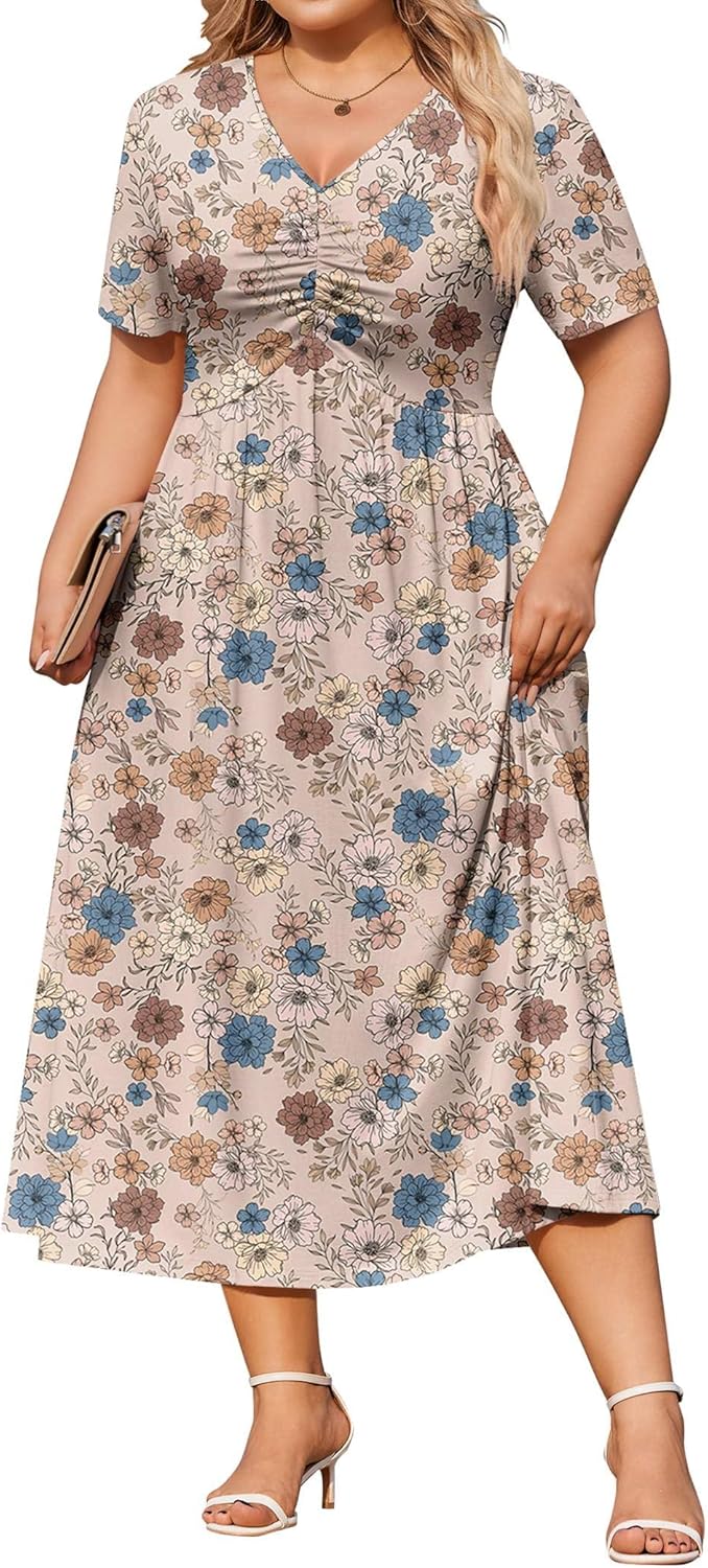 IN'VOLAND Women Plus Size Short Sleeve Dress Summer Casual V-Neck Ruched Aline Midi Dresses with Pockets