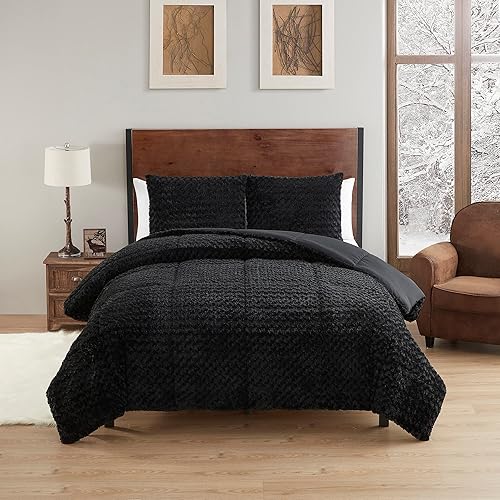 Miniatura 2 de Juego de edredón tamaño King de 3 piezas de piel sintética de animales, colección de ropa de cama ultra suave con fundas, Queen, negro