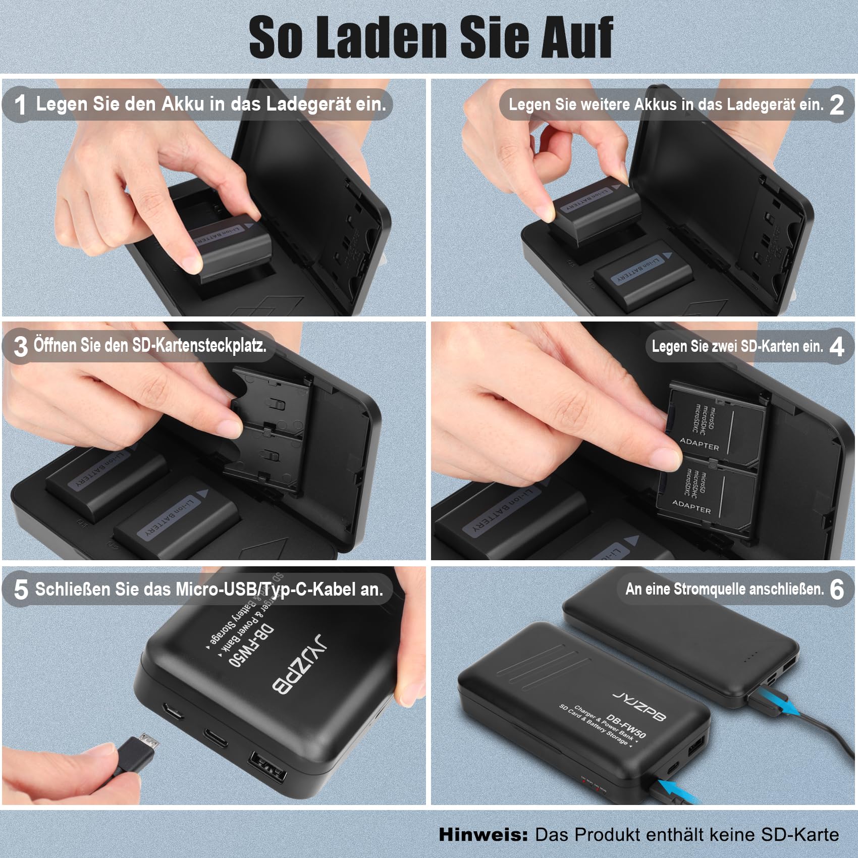 JYJZPB 2 X NP-FW50 Akku und USB Doppel Ladegerät mit SD-Kartenslot für Sony