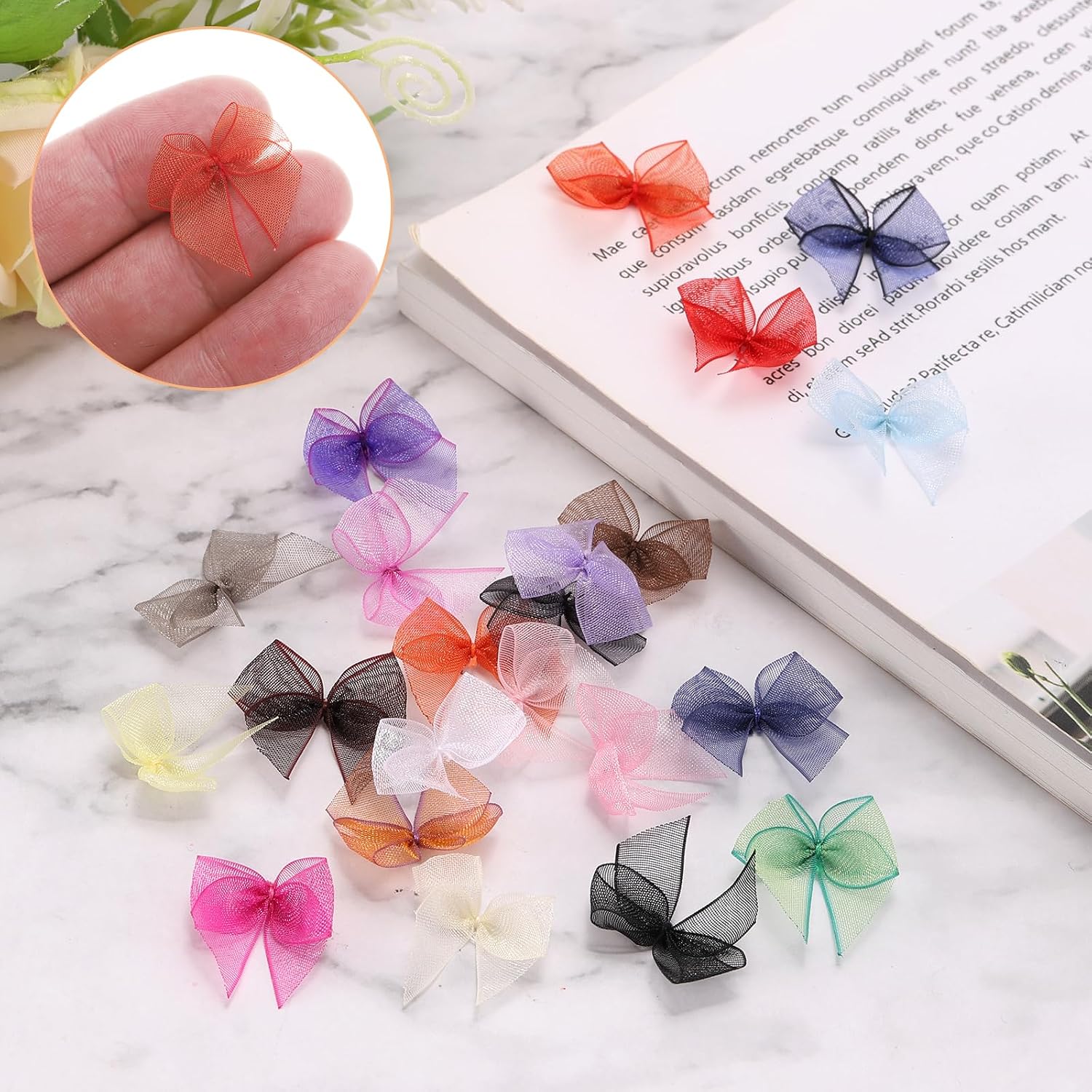MECCANIXITY 50 Pcs Mini Chiffon Ribbon Bow 1" Mini Fabric Satin Ribbon Flower Bows for Craft DIY Sewing Wedding Birthday Party White image 4