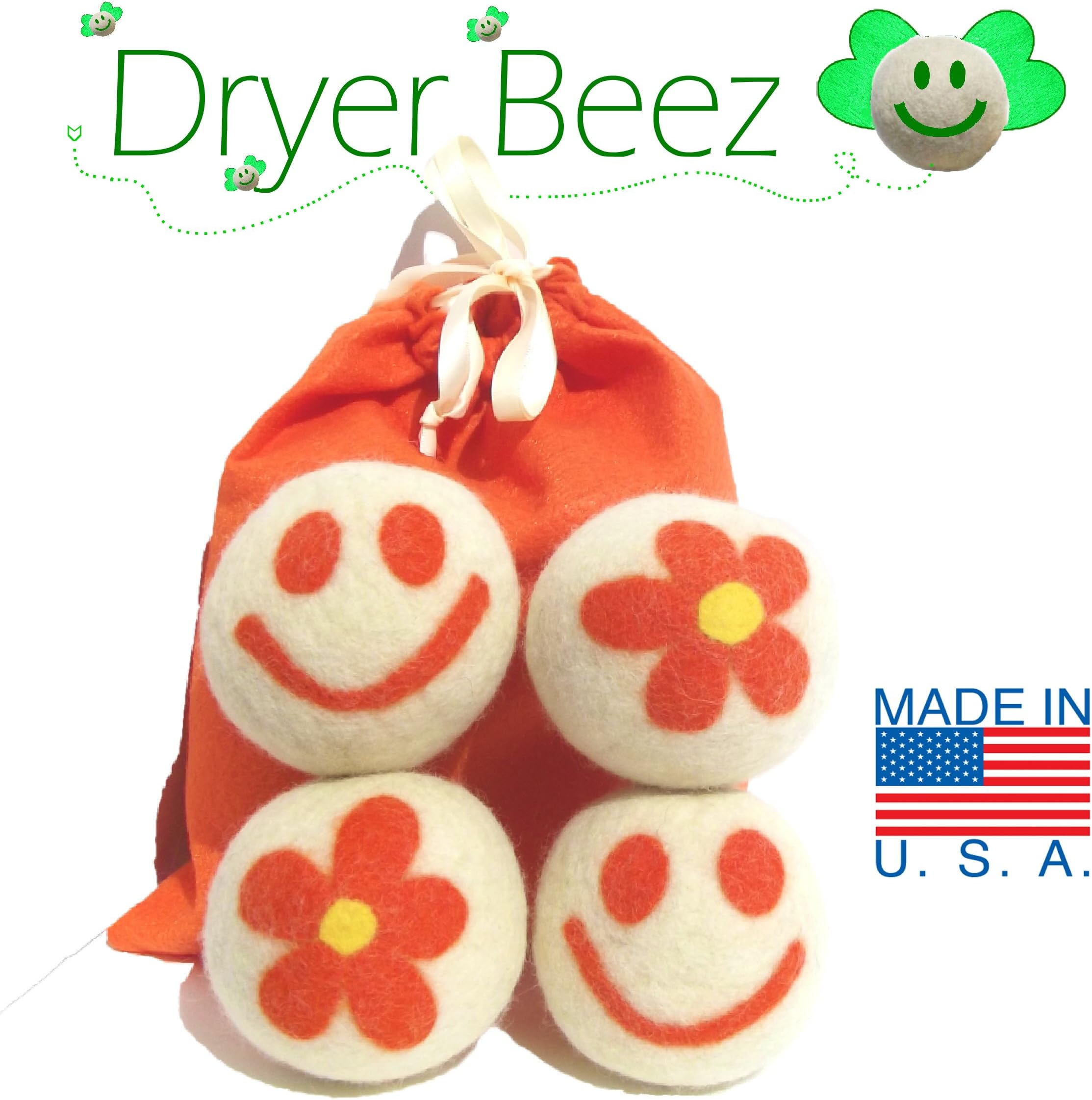 4 Orange Happy Face Combo Flower Design with Free Felt Gift Bag, Eco-Friendly 100% Wool Dryer Balls Premium Wool Dryer Beez