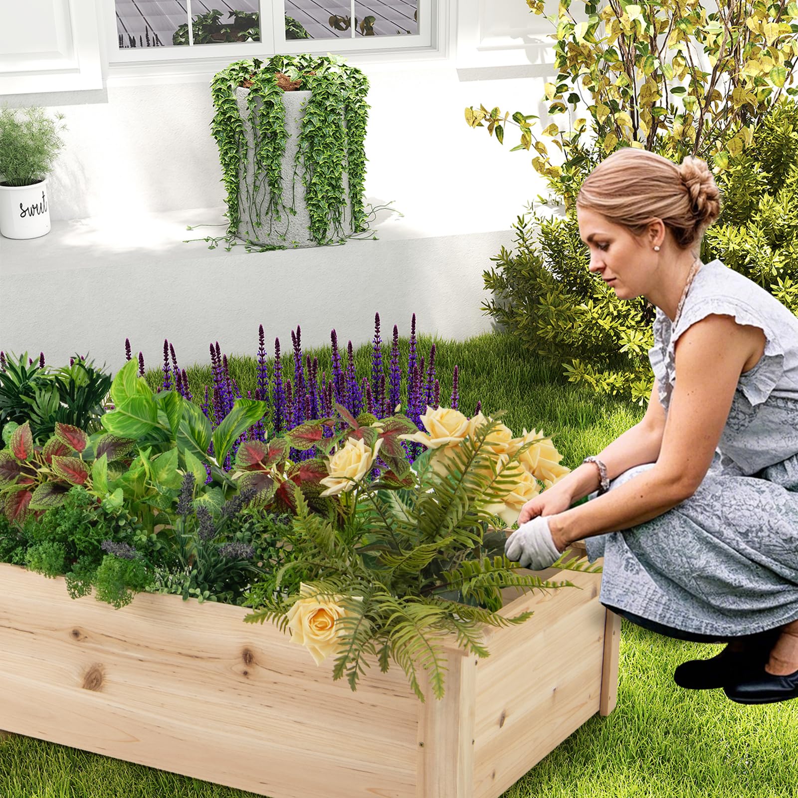 HOMASIS Carré Potager en Bois, Jardiniere Extérieur Grande Taille avec 2 Bacs à Fleurs, Séparateurs pour Fleurs, Légumes, Fruits, Herbes, Lit de Jardin 228 cm Intérieur pour Terrasse Balcon (Naturel)