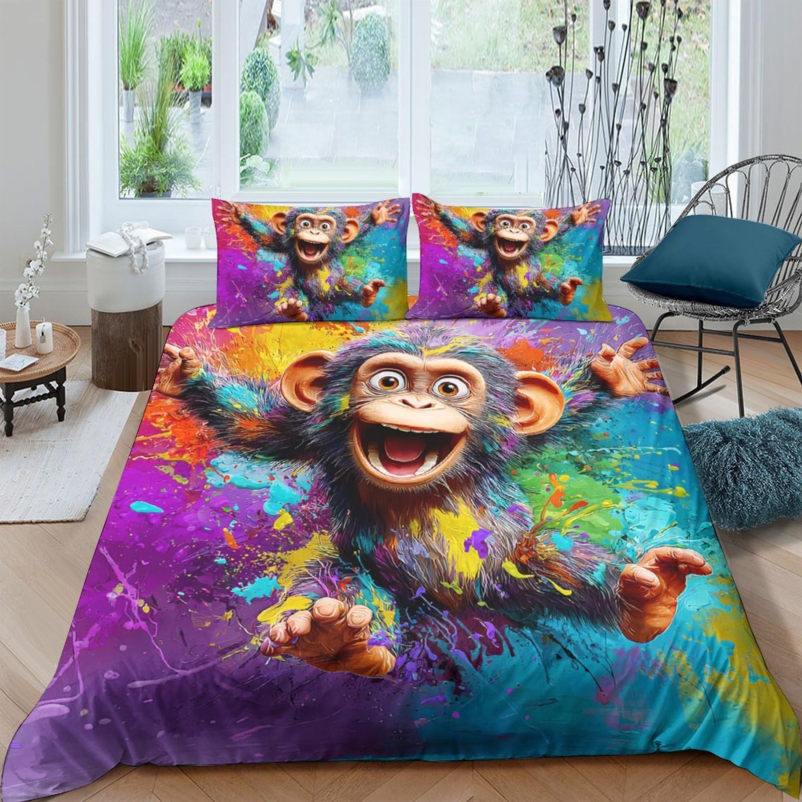 Ctjqhvkz Style-4 3D Printed Colorful Monkey Fitted Sheet Microfiber Non-Slip Artistic Bed Cover For Bedroom Guest Room Easy Care Single（135X200cm）