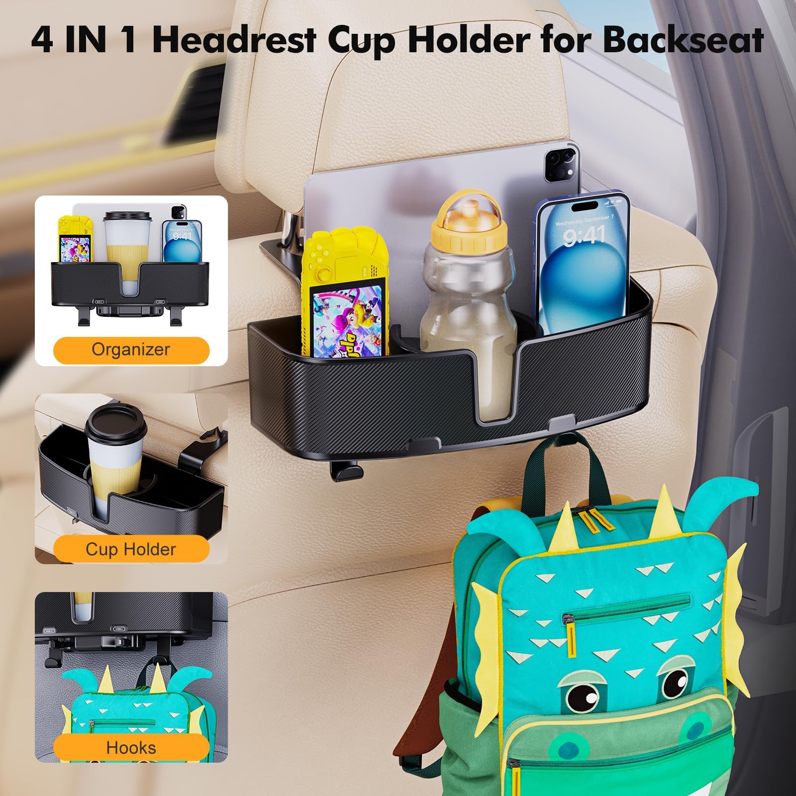 MAGJIEYX Auto Rücksitz Organizer, Multifunktionale Kopfstütze Becherhalter mit starken Haken für Kinder, Passagiere auf der Rücksitzbank, Reise Zubehör 2 Pack