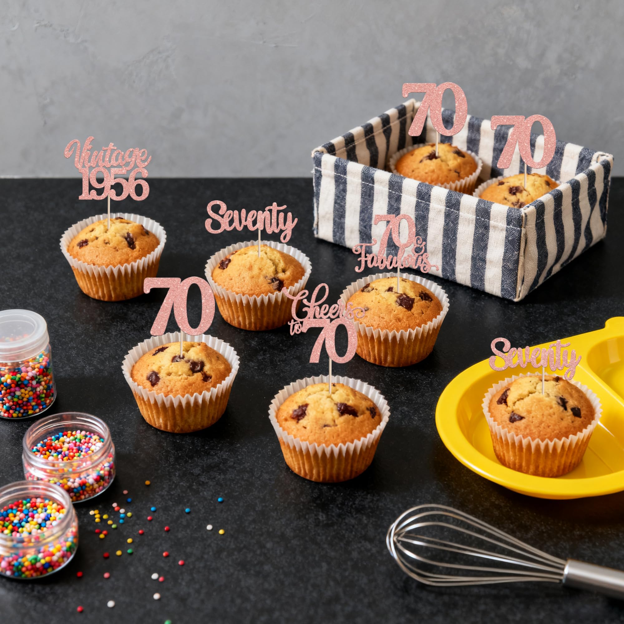 SYKYCTCY 30 Pack Happy 70th Birthday Cupcake Toppers Glitter Seventy Vintage 1956 Cupcake Picks Cheers to 70 Fabulous Hello 70 Cake Decorations for Birthday Wedding Anniversary Party Supplies - Image 5