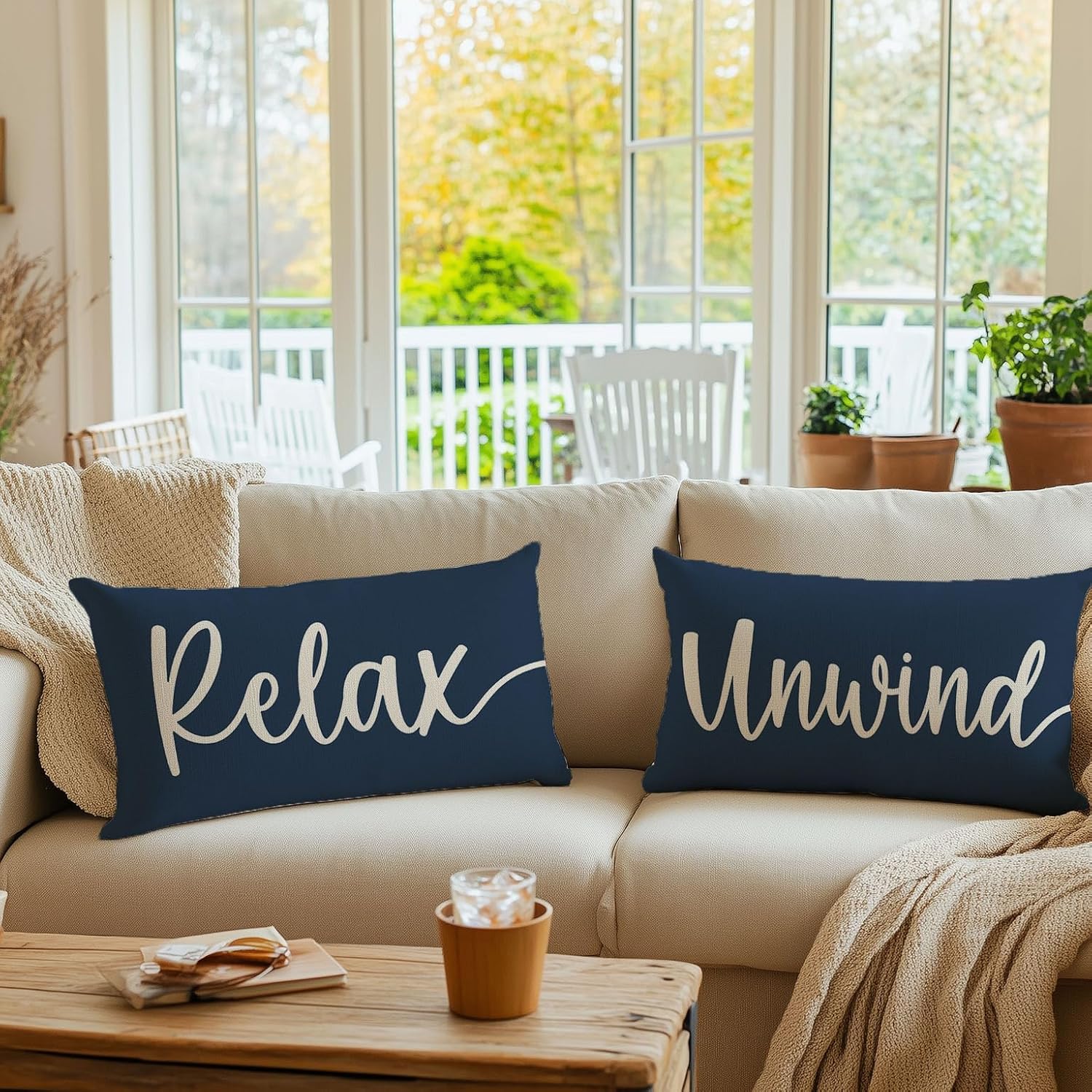 Decorative Throw Pillow Covers 12x20 Inch Set of 2 Relax Unwind Navy Blue Outdoor Coastal Spring Summer Front Porch Patio Decor Lumbar Cushion Case Decoration for Home Sofa Couch Living Room - Image 7