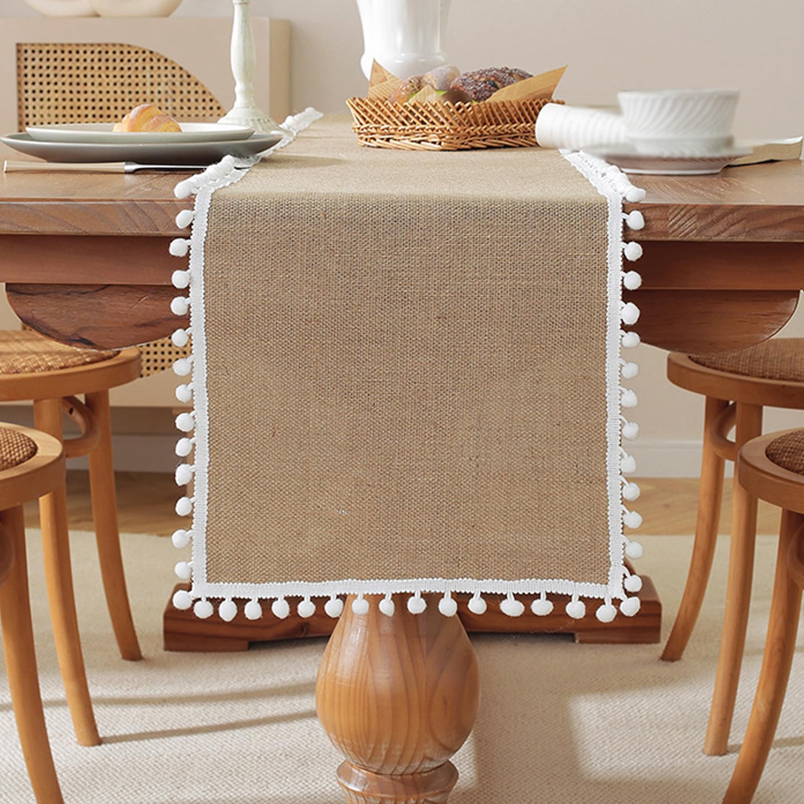 Burlap Table Runner With Lace Natural Jute Braided Farmhouse Dresser Non-Slip Machine Washable For Spring Summer Parties Living Room Style E(30*180cm/12*71 in)