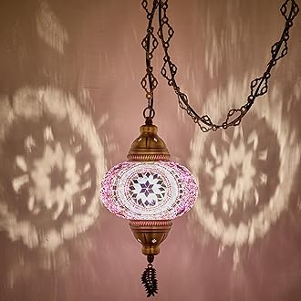 DEMMEX Plug-in Turkish Moroccan Mosaic Hanging Pendant Ceiling Light – Swag Lamp Fixture with 15ft Cord & Chain, Handcrafted Glass, Vintage Tiffany Style, Mediterranean Exotic Decor, (Lilac)