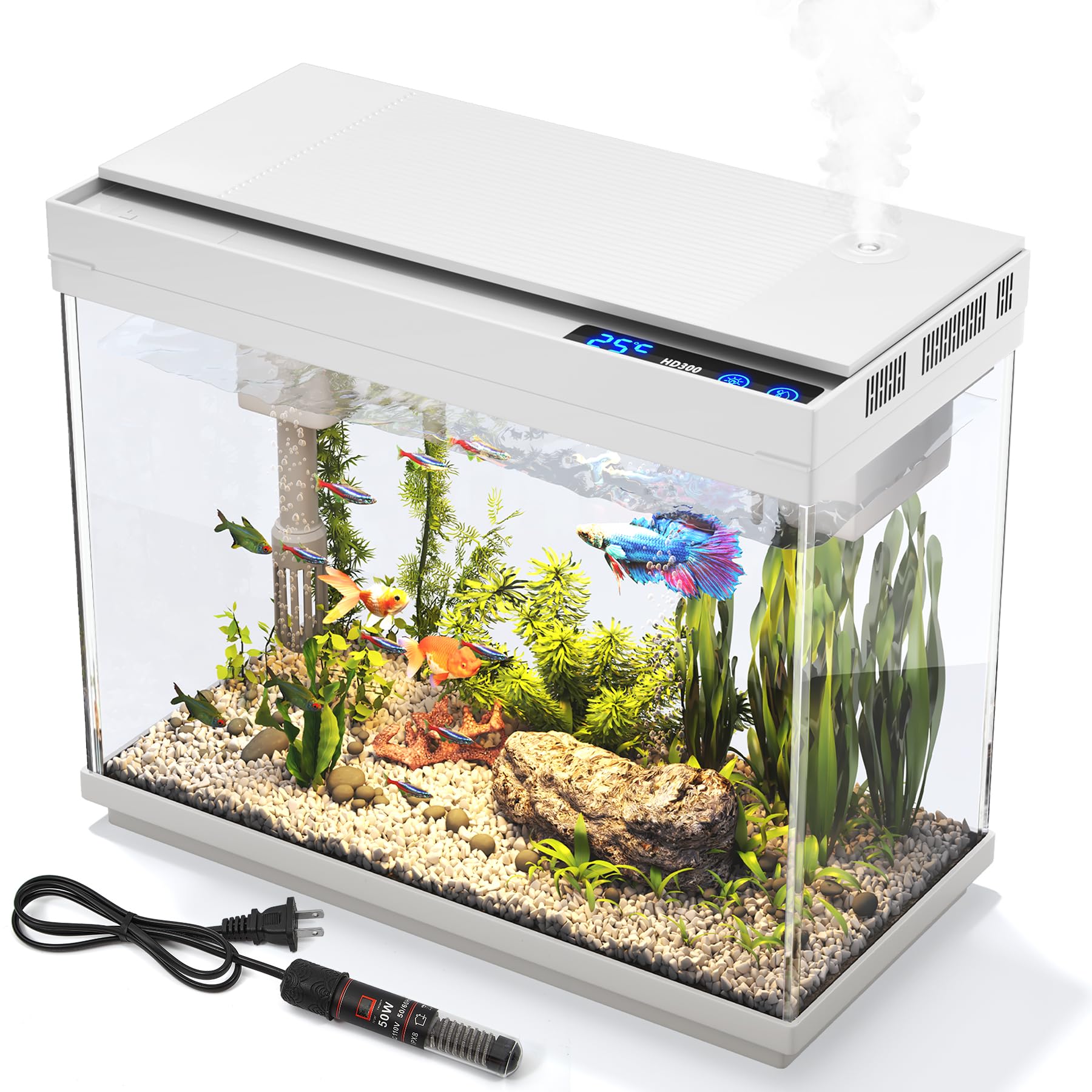 Vehipa Fish Tank, 2 Gallon Fish Aquarium, Fish Tank Starter kit with 3 in 1 Quiet Pump Smart Humidifier, Temperature Display, 7-Color Lighting (Black)