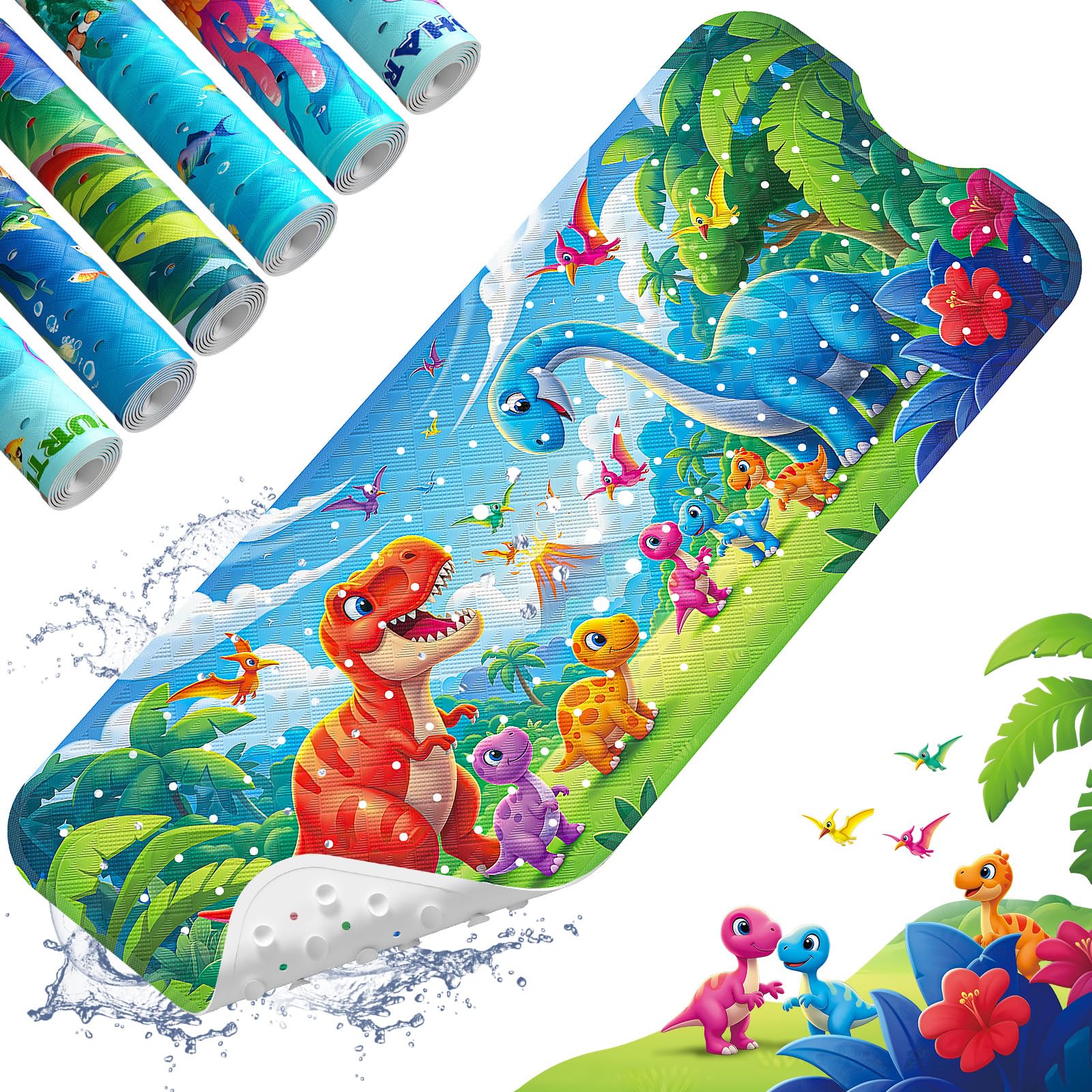XIYUNTE Baby Bath Mats Non Slip Anti Mould, Cartoon Kids Bath Mat Non Slip, 100x40cm Extra Large Baby Shower Mat Bath Mat with Suction Cups & Drain Holes, Machine Washable, Dinosaur
