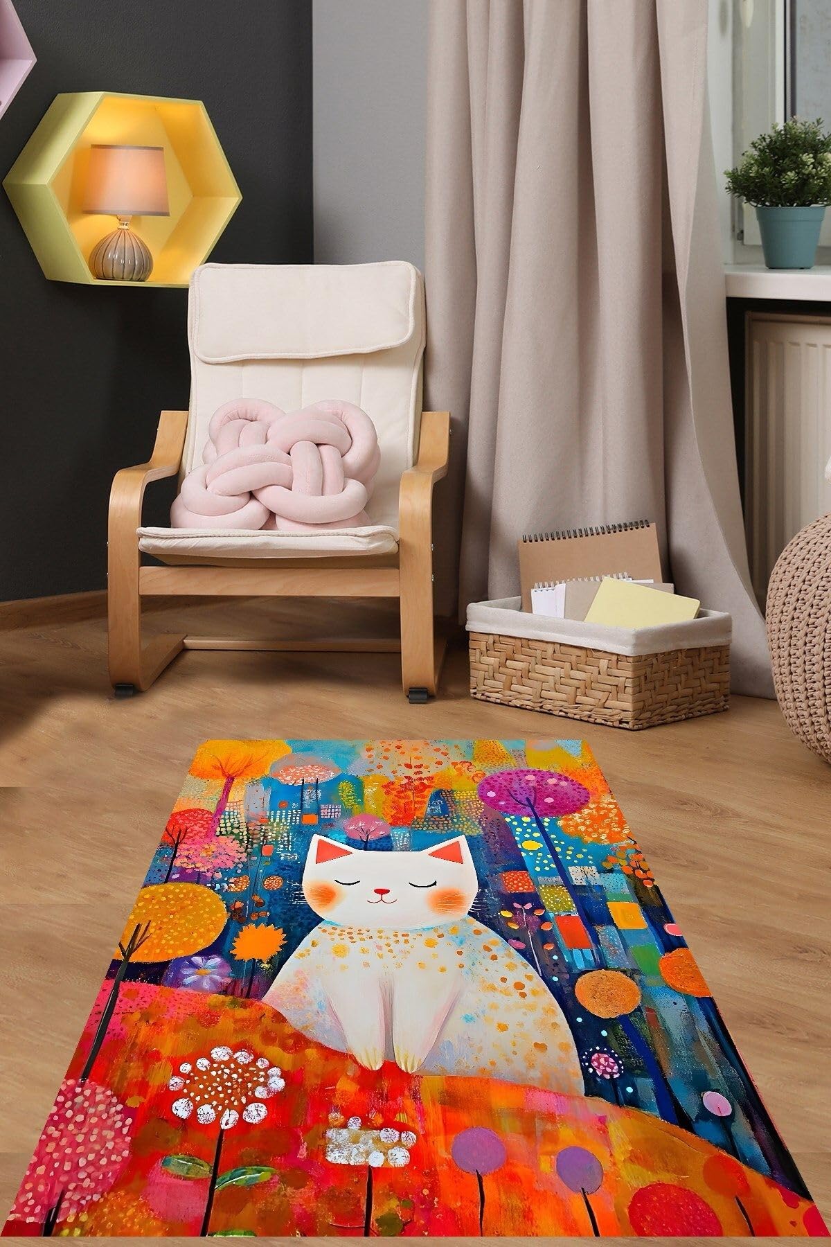 Pelangi Minimalist Sanat Sevimli Kedi Yıkanabilir Kaymaz Taban Leke Tutmaz Çocuk Odası Halısı, Turuncu 180 x 250
