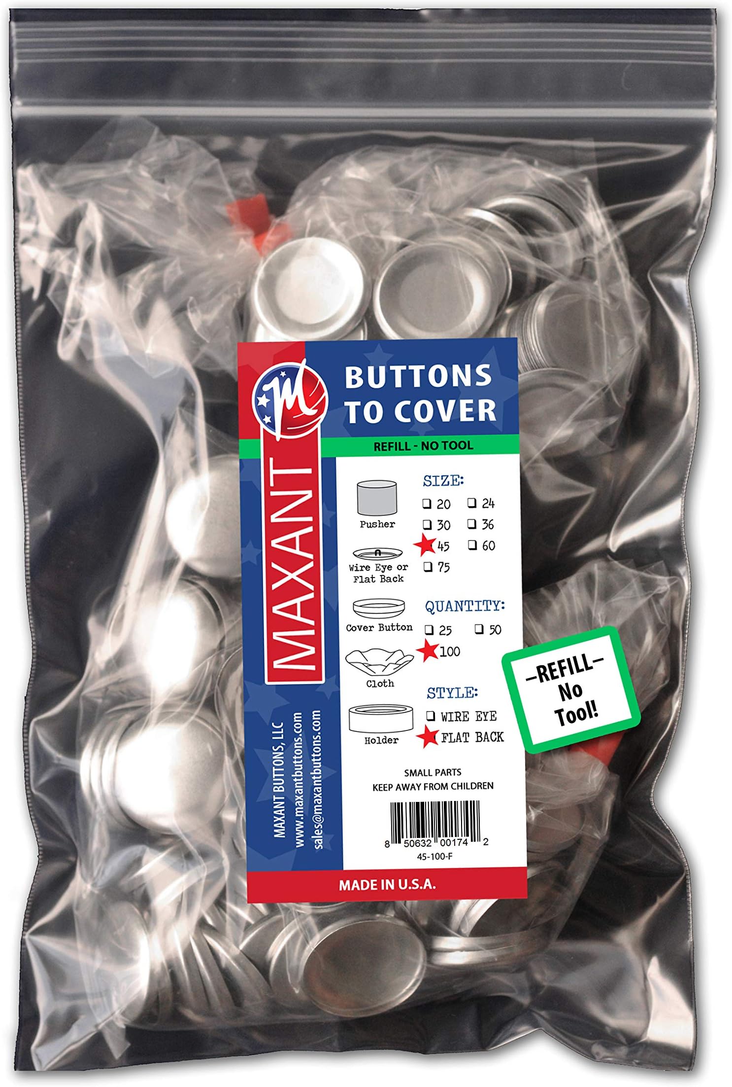 100 Cover Buttons by Maxant - Made in the USA - #45 (1 1/8") with Flat Backs, Ideal for Crafting. NO Tool.
