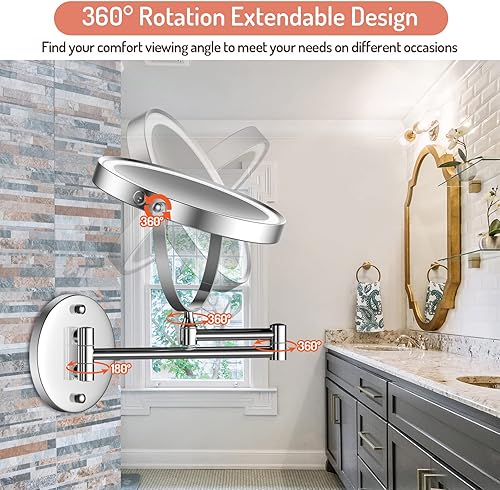 Miniatura 5 de Rocollos Espejo de maquillaje iluminado recargable montado en la pared, espejo de tocador LED de doble cara de 8 pulgadas, aumento de 1X7X, 3 luces