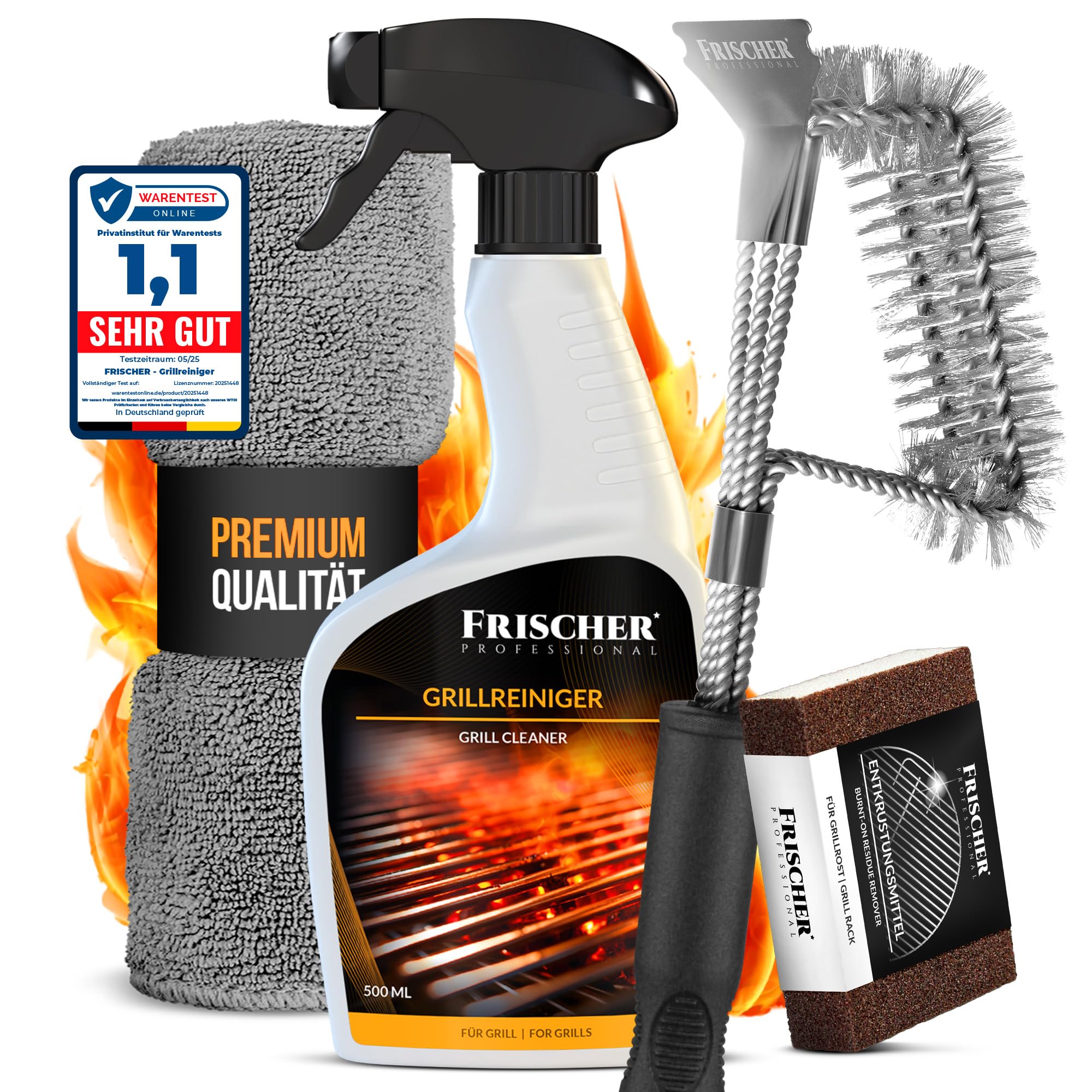 Grillreiniger Set 4-teilig: Grillrost-Reiniger 500 ml + Grillbürste + Mikrofasertuch & Schwamm - Zur effizienten Reinigung & Pflege von Grill, Grillrost