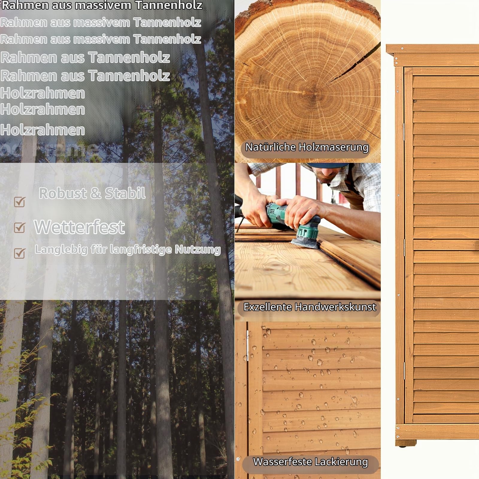 HOMASIS Gartenschrank Holz, Gerätehaus Wetterfest Outdoor, 87x47x160cm, Gartenhaus mit 2 verstellbaren Regalen, Geräteschuppen mit Asphaltdach, Geräteschrank Gartenschuppen Holzschuppen, Natur