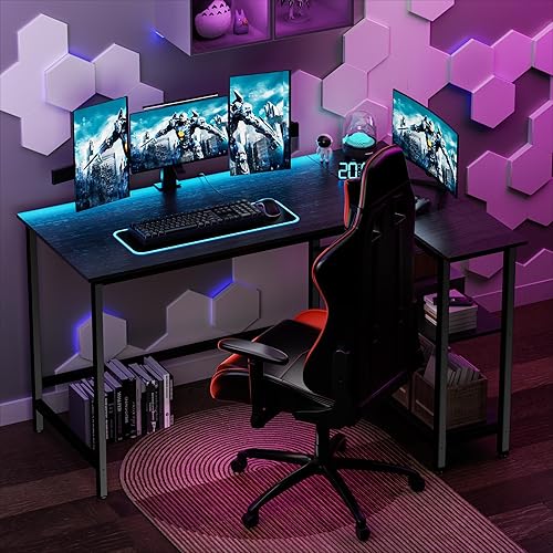 Miniatura 5 de WOODYNLUX Escritorio para computadora en forma de L, escritorio de oficina en casa con estante, escritorio de juegos para trabajar, escribir y