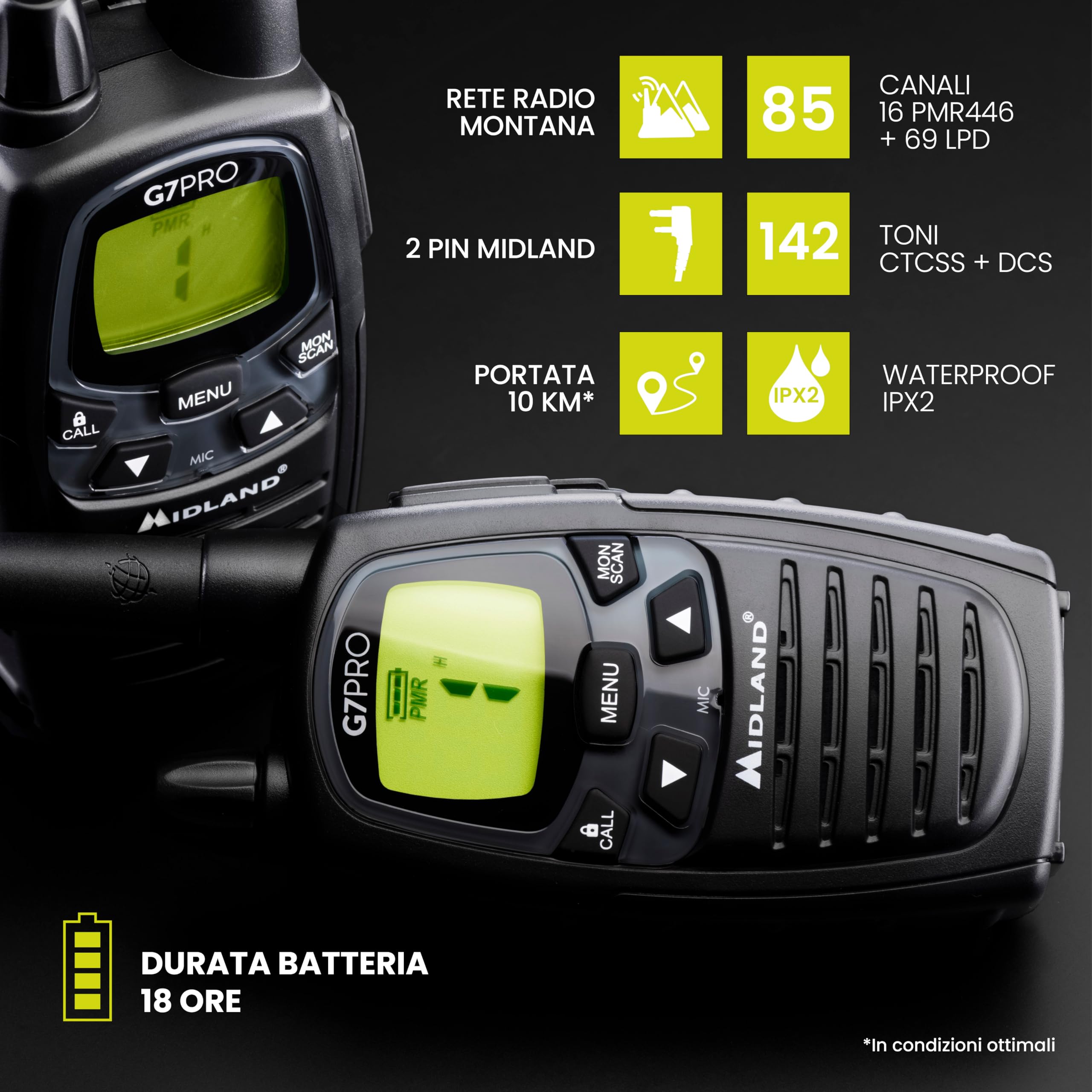 Midland - Walkie Talkie G7 PRO, Coppia Ricetrasmittenti Professionali Softair e Outdoor, 85 Canali - 16 PMR446/69 LPD Senza Licenza, Copertura 10Km, Autonomia 18 Ore, Batterie Ricaricabili e Accessori