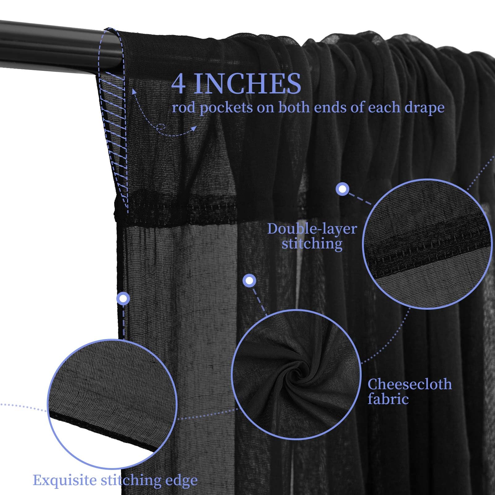 Lot de 6 rideaux de plafond en tissu transparent pour mariage, fête, banquet, cérémonie, scène - 1,5 x 12,2 m - Noir