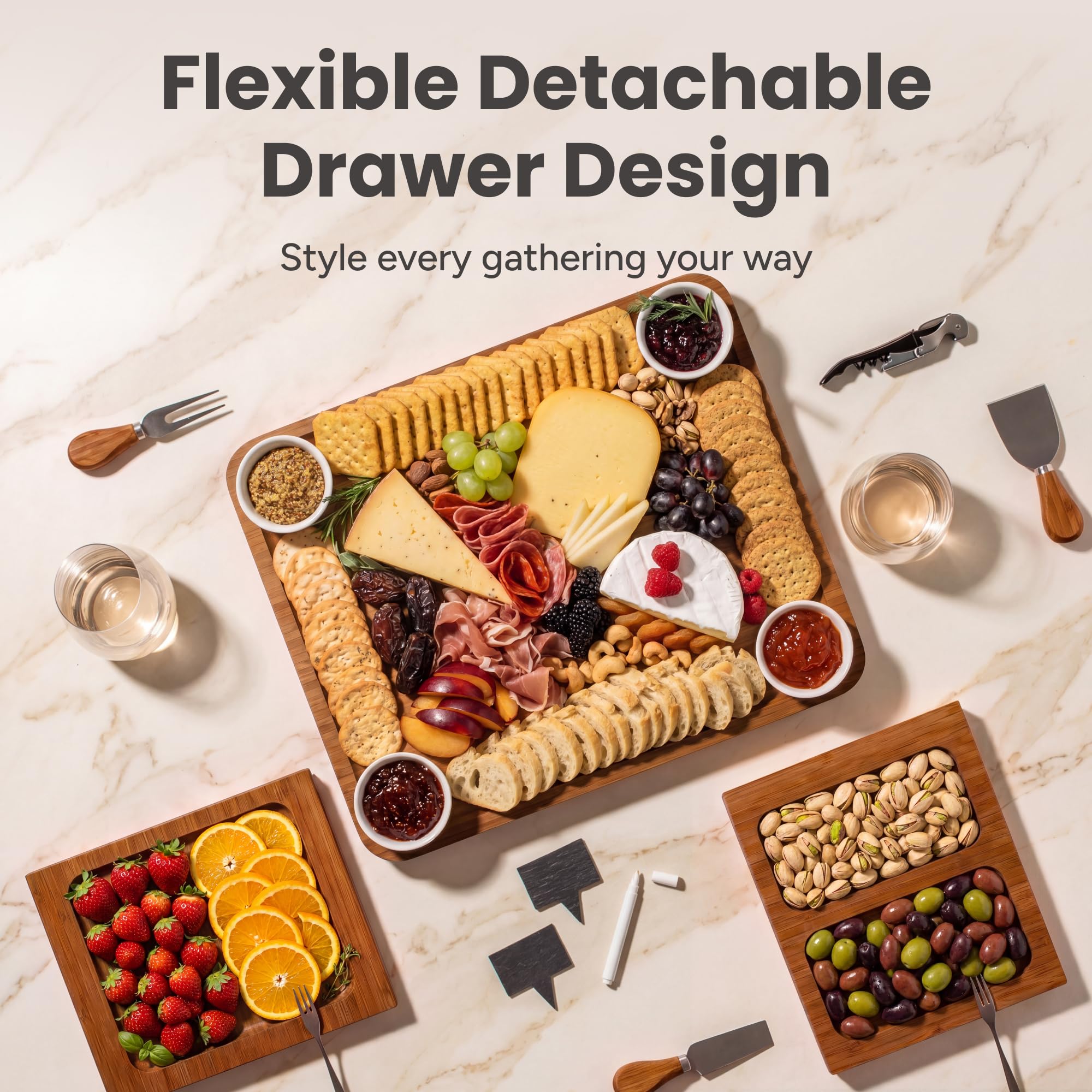 SMIRLY Charcuterie Boards Geschenkset: Charcuterie Board Set, Bambus Käsebrett Set - Hauseinweihungsgeschenke neues Zuhause, Hochzeitsgeschenke für Paare, Brautdusche Geschenk