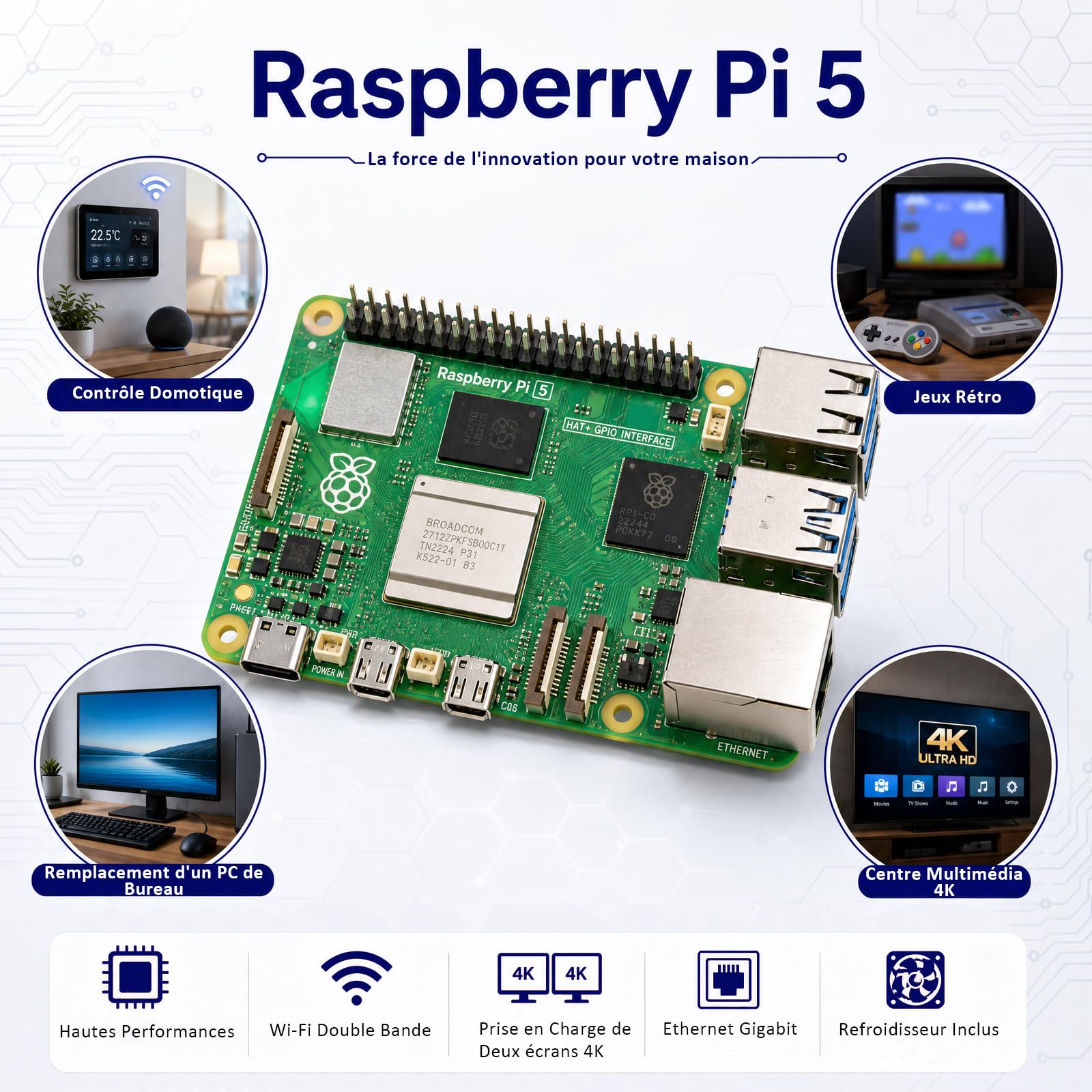 Vemico Raspberry Pi 5 Kit 8GO RAM 64GO Edition | Active Cooler,27W GaN 5,1V5A USB-C Alimentation,64GO Carte,4K Câble Micro HD Out,Pi5 8GO Board,Pi5 Boîtier,Manuel Utilisateur