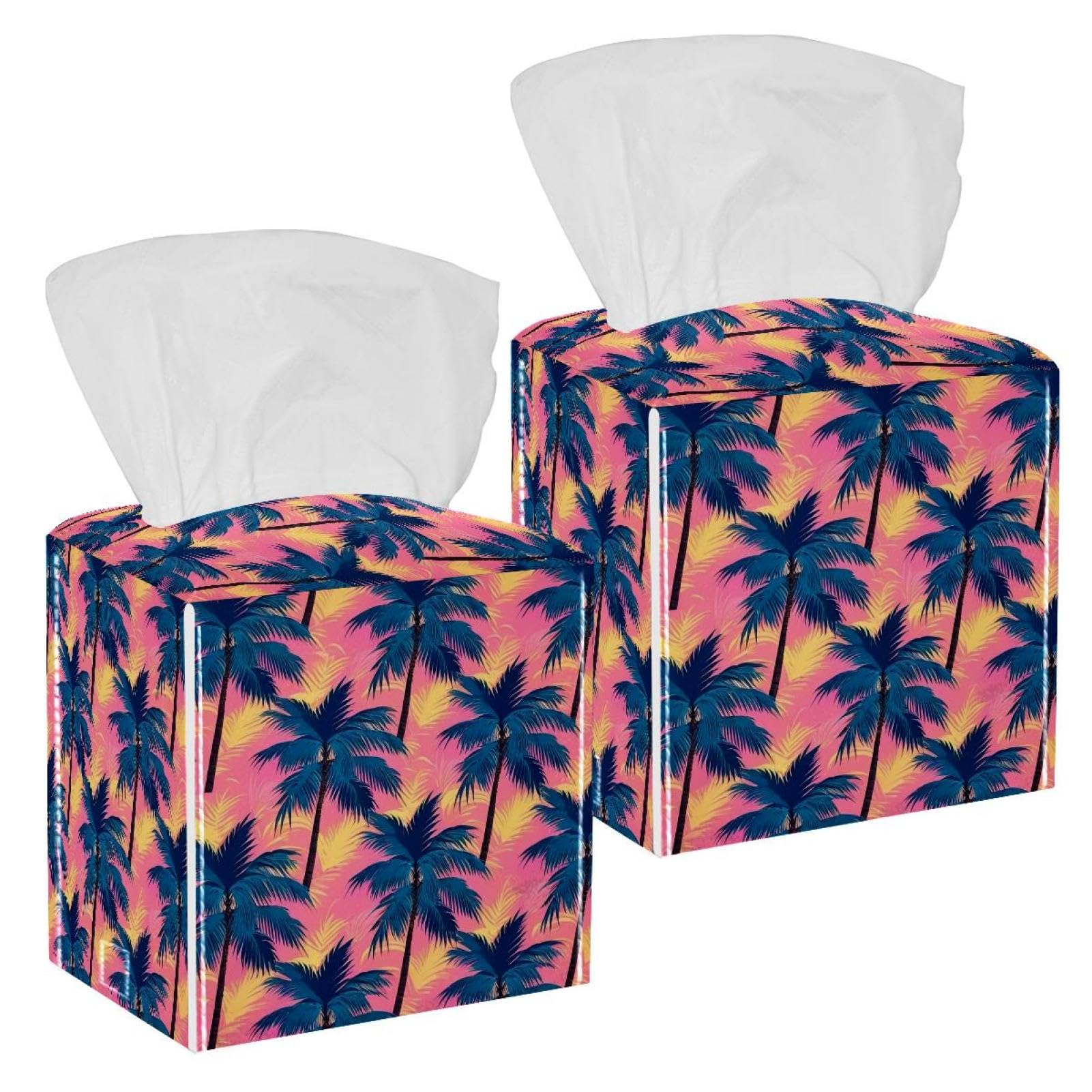 Coconut Tree Tissue Box Cover, 2 Pack PU Leather Square Facial Tissue Dispenser Box holder for Home Office Car