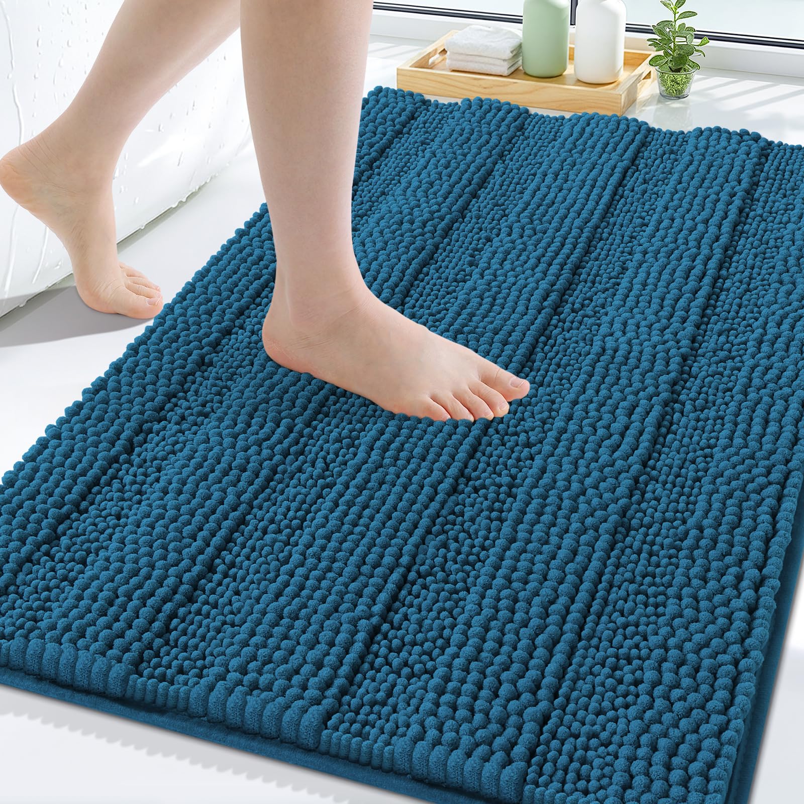 Grandaily Chenille Bathroom Rugs 30x20, Soft Bath Mats, Peacock Blue