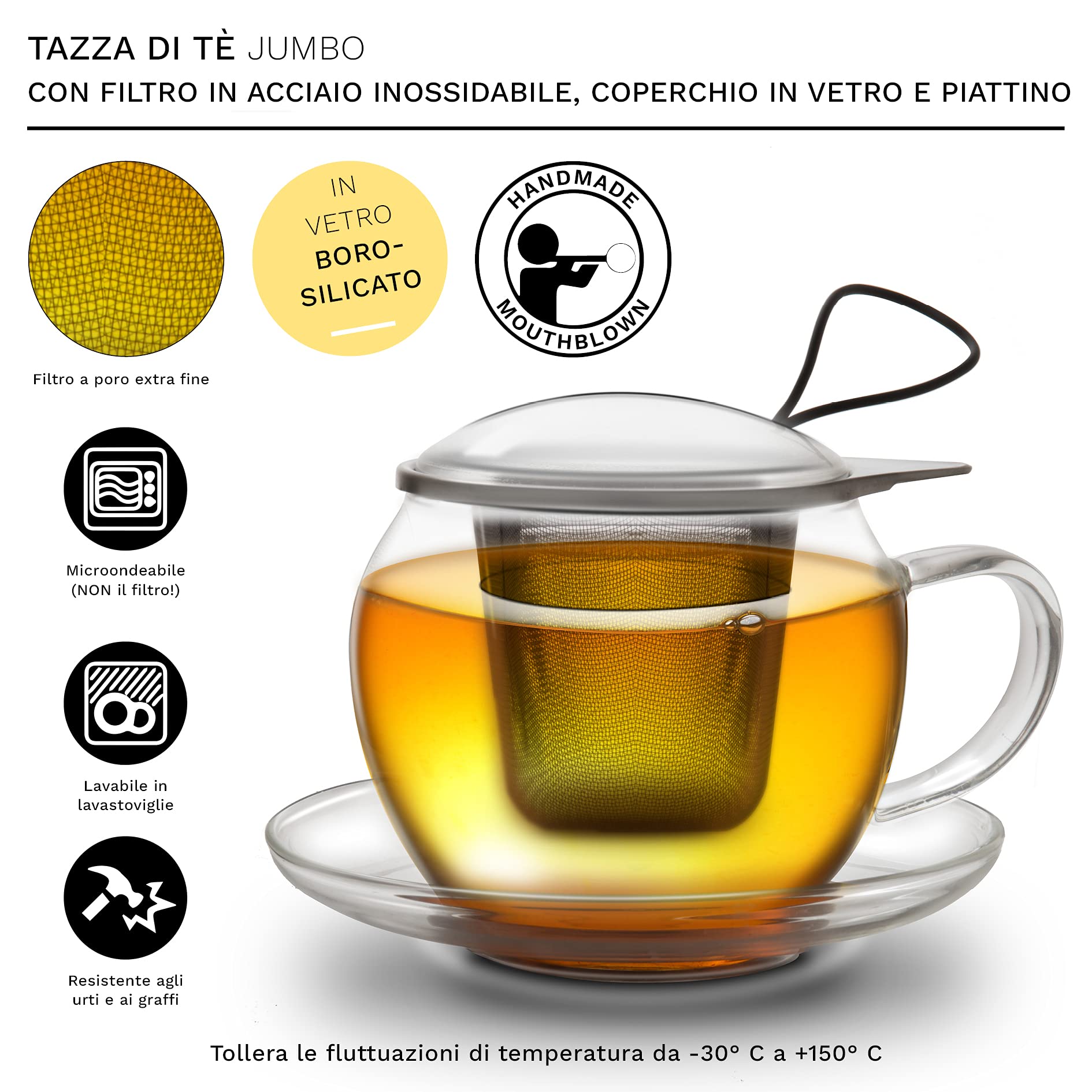 Tazza Da T&egrave; XXL Con Colino Integrato - Set 3 Pezzi In Vetro Con Coperchio E Piattino