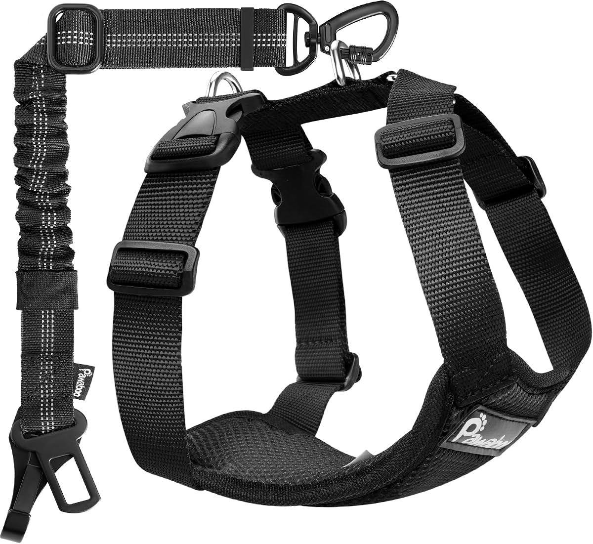 Pawaboo Dog Seat Belt Harness for Car, Seatbelt Harness with 2 in 1 Buckle | Adjustable Breathable Harness for Car, Elastic Reflective Heavy Duty Dog Tether, for Small Medium Large Pets, S, Black