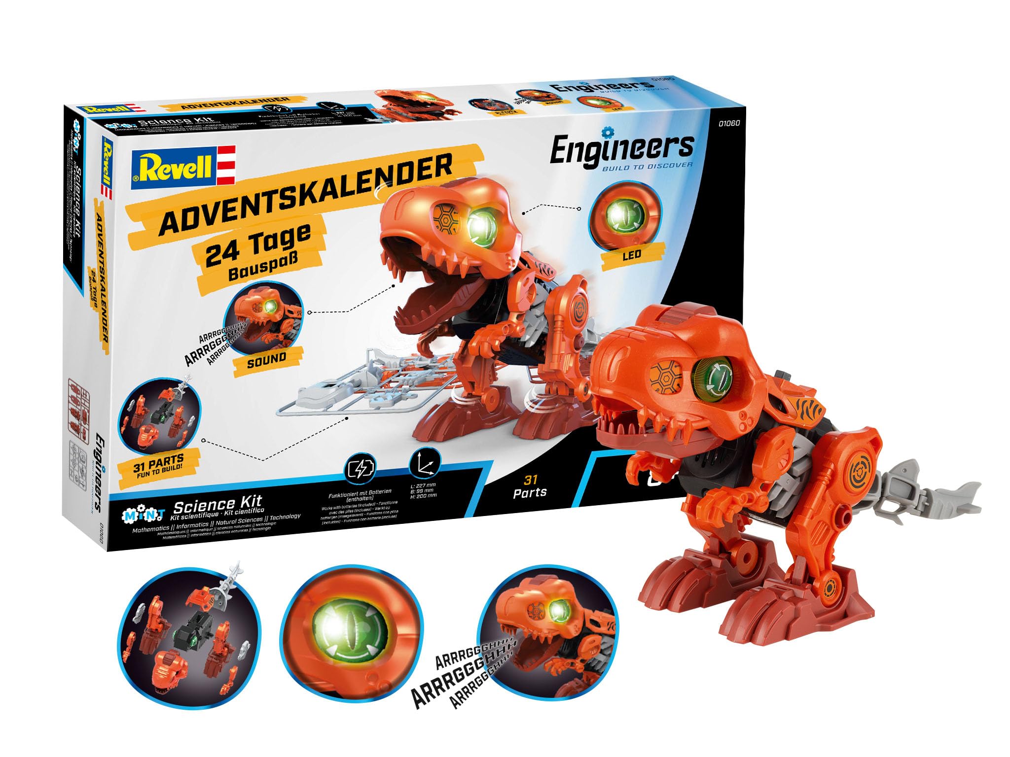 Der Adventskalender Engineers „Electric T.Rex“ von Revell Control bietet ein technisches Aufbau-Erlebnis für junge Bastler.