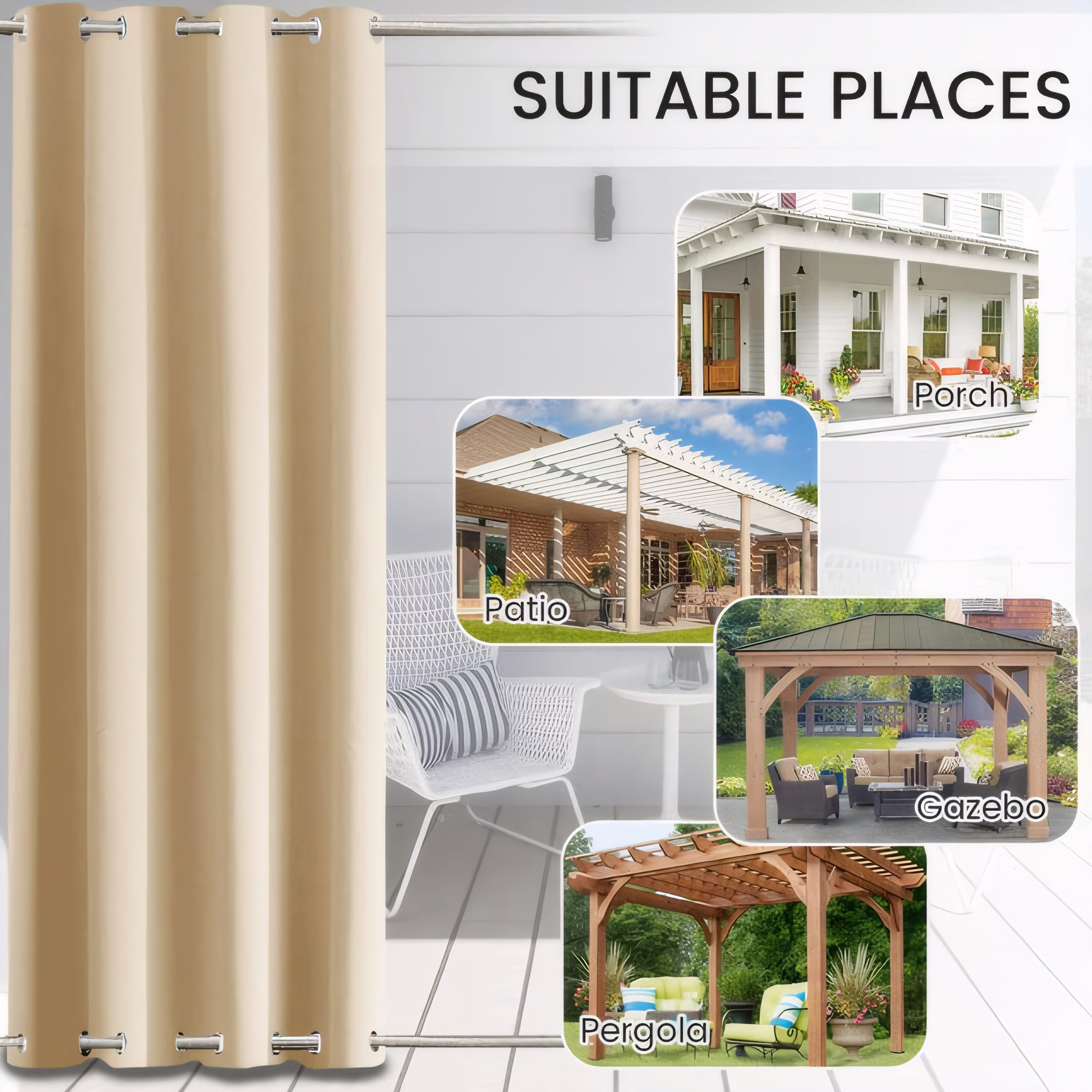 LiveGo Rideau Exterieur Terrasse,imperméables,Coupe-Vent,Rideau Pergola Extérieur Occultants à Double œillet à Isolation Thermique pour tonnelle de Porte de Jardin,Beige,1 pièce|254x213cm(LxH)