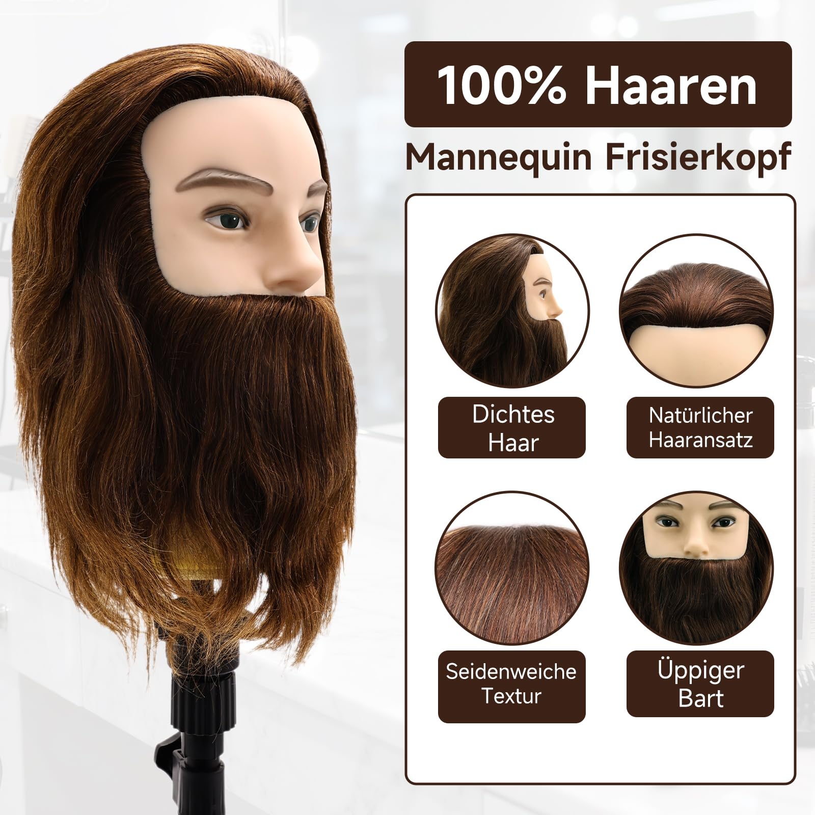 TwoWin 12 Zoll (30.5 cm) Mann Frisierkopf Echthaar mit Bart, Friseur Übungskopf Mannequin Head mit Tischklemme (Braun)