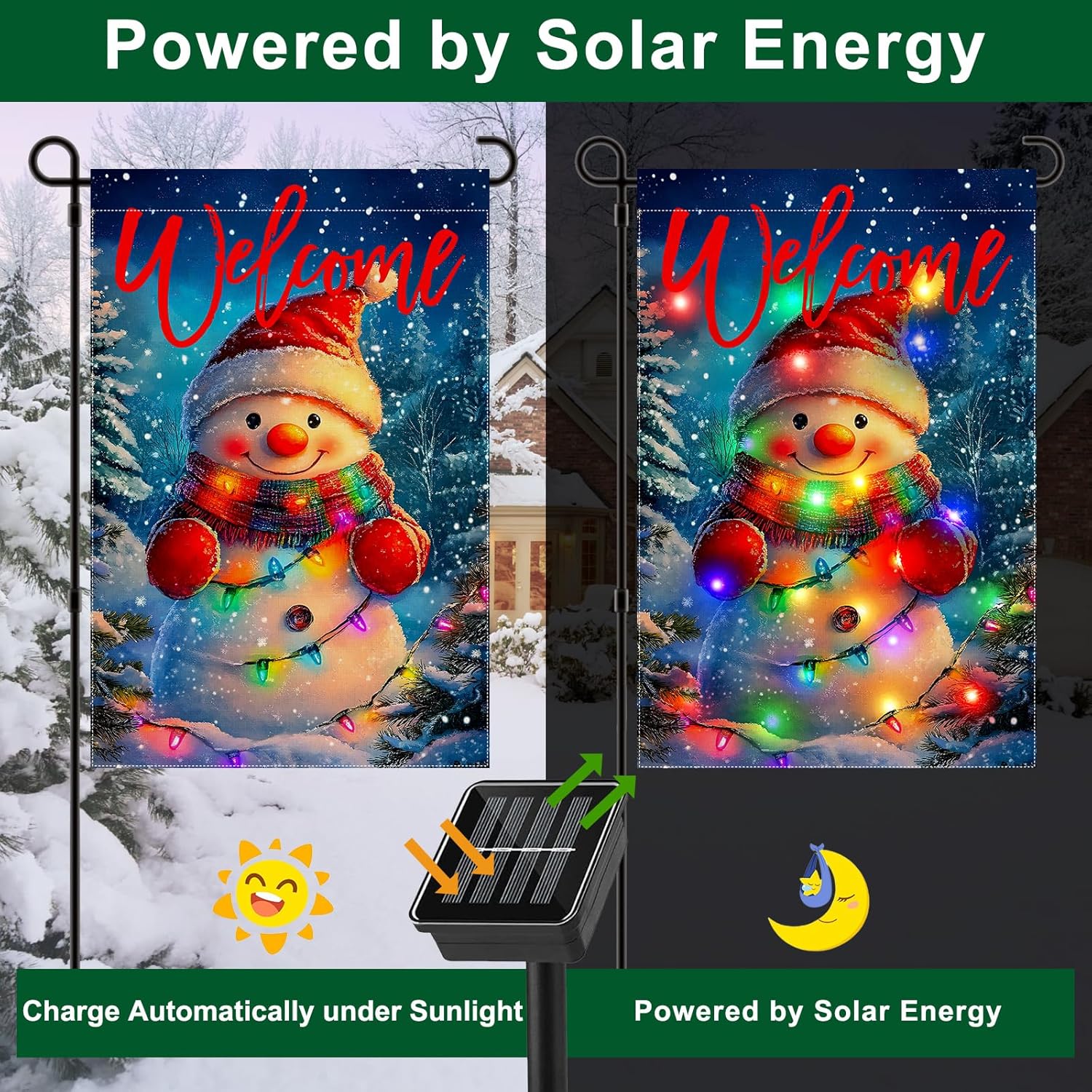 Led Lighted Christmas Garden Flag, 12x18 in Double Sided Outdoor Lighted Snowman Yard Flag, Solar Snowman Christmas Decorations for Patio Lawn, Home Porch - Image 2