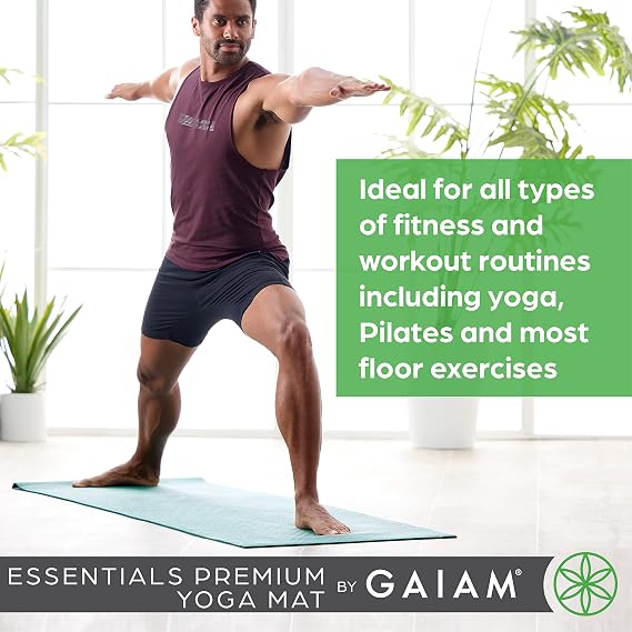 Gaiam Essentials 1/4 Thin (6mm) Yoga & Pilates, Fitness & Exercise Mat with Easy-Cinch Carrier Strap Cusion Support For Fitness and Gym Workouts