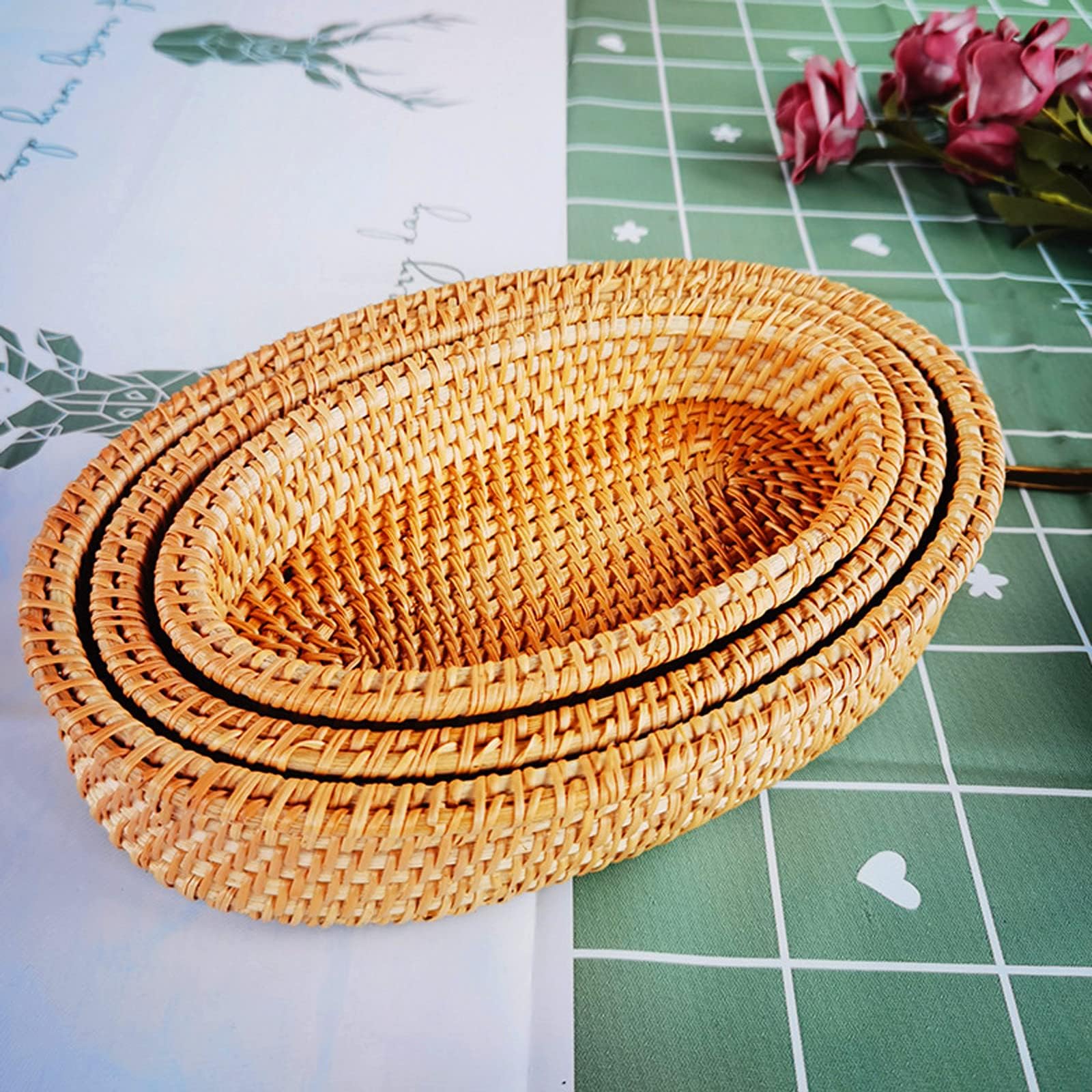 amololo 3Packs Small Oval Rattan Woven Trays,11 Inch Rattan Storage Tray Decorative Wicker Serving Baskets Organizer for Bread,Fruit,Food 11”, 9” and 7.8”