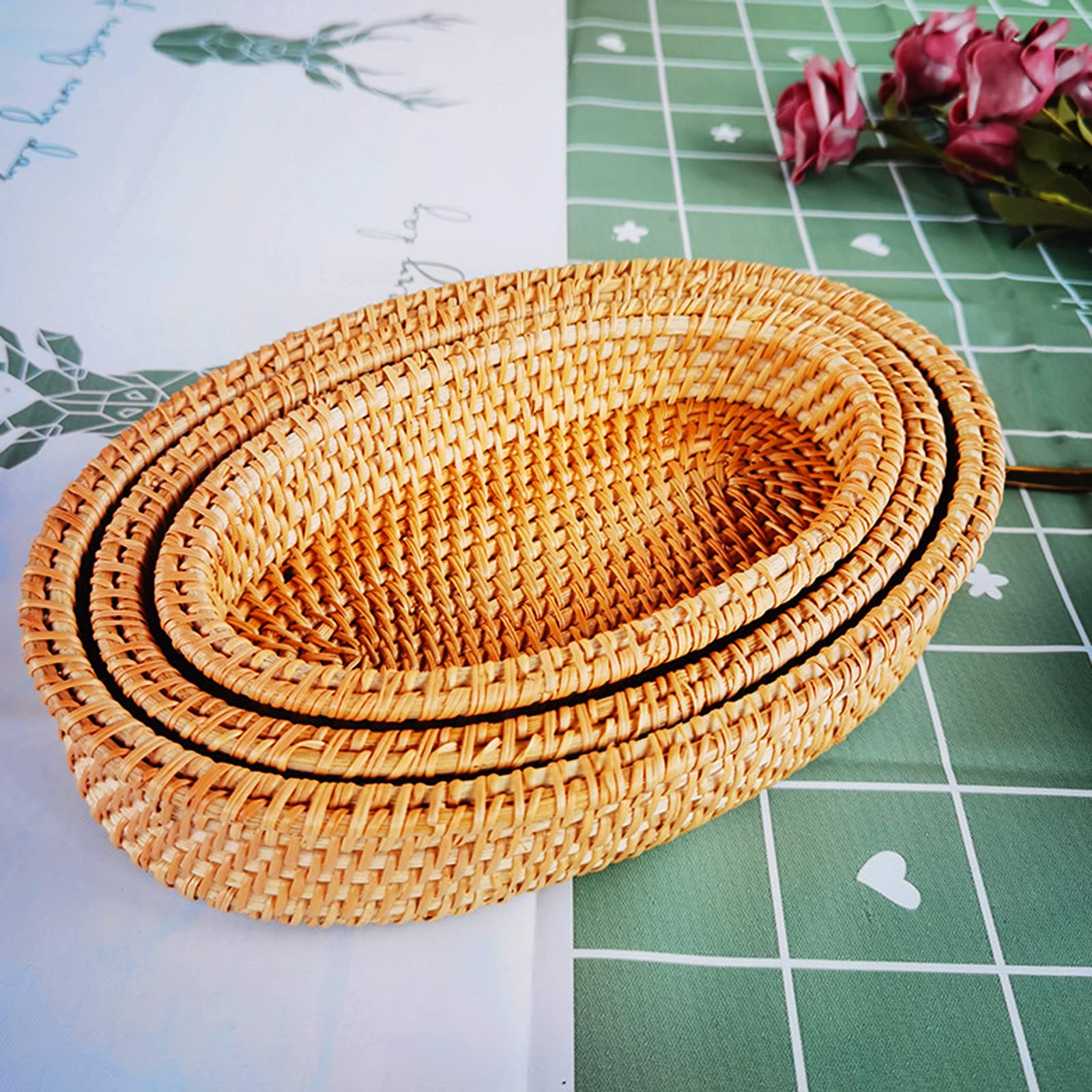 amololo 3Packs Small Oval Rattan Woven Trays,11 Inch Rattan Storage Tray Decorative Wicker Serving Baskets Organizer for Bread,Fruit,Food 11”, 9” and 7.8”
