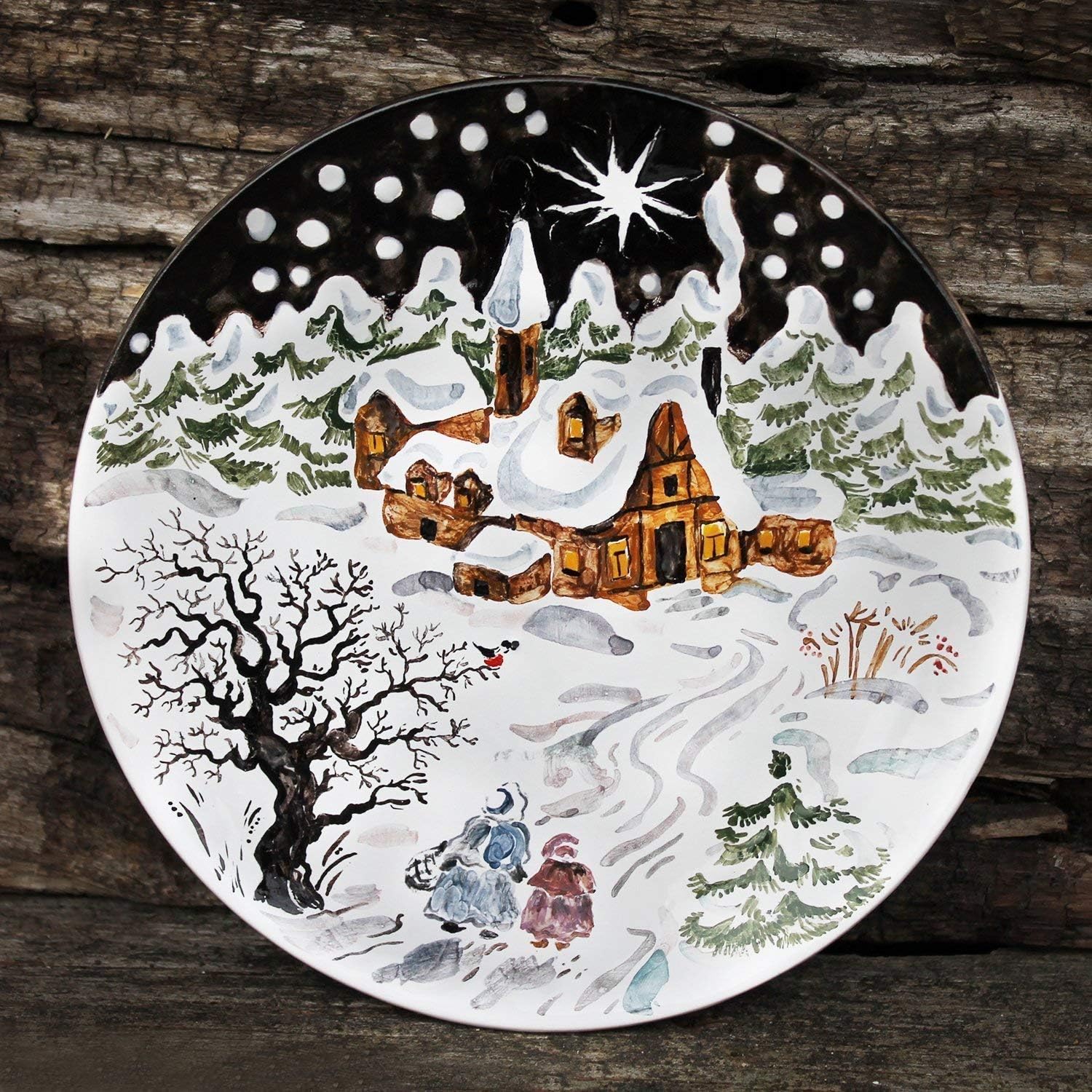 Christmas Eve Hand Painted Ceramic Wall Plate, winter ceramic platter, art plate, art platter, wall platter, home decor