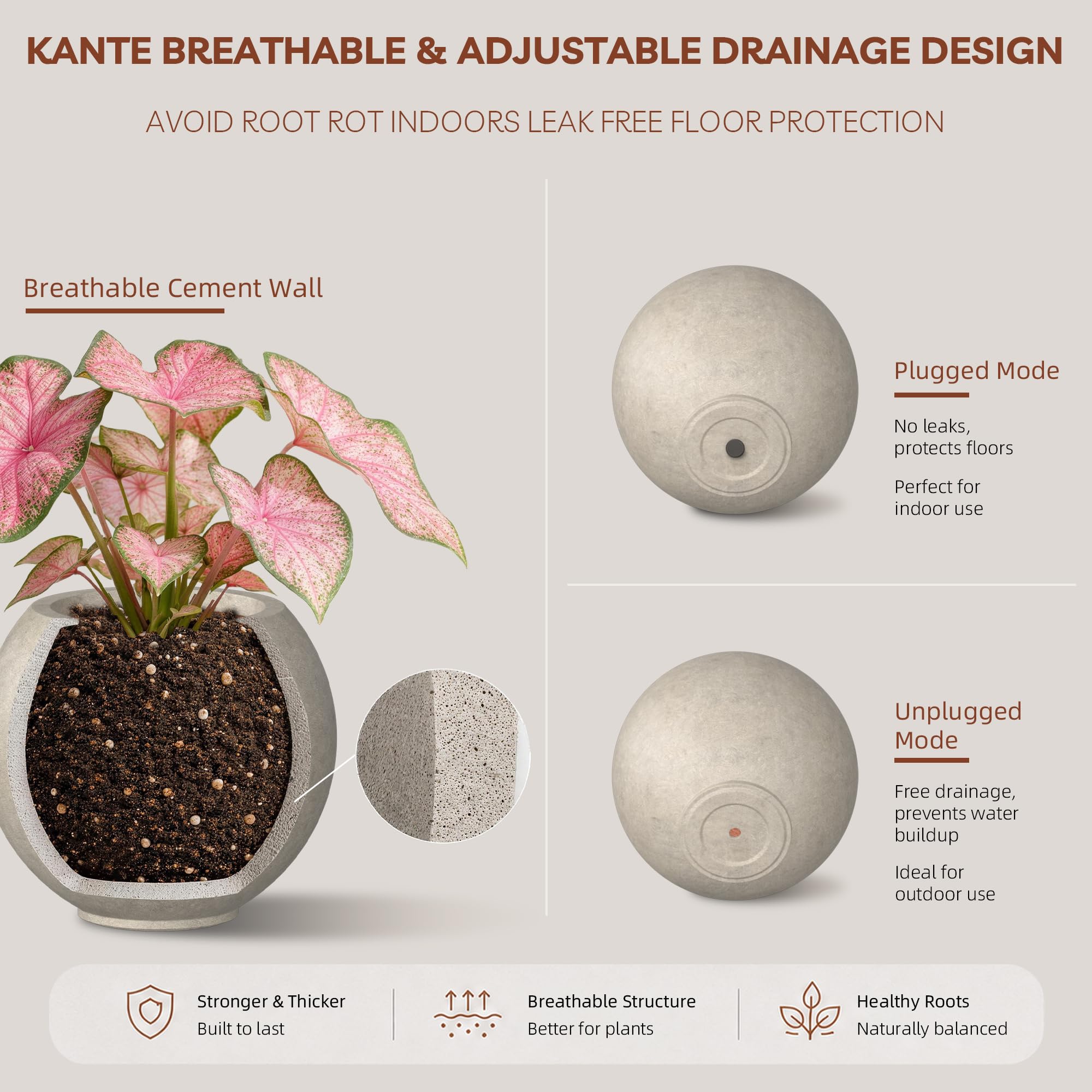 Kante Runder Beton-Blumentopf, 27,9 cm Durchmesser, kugelförmiges Design, Übertopf mit Ablaufloch für Innen- und Außenpflanzen, verwittertes Beton-Finish mit warmbrauner Innenseite