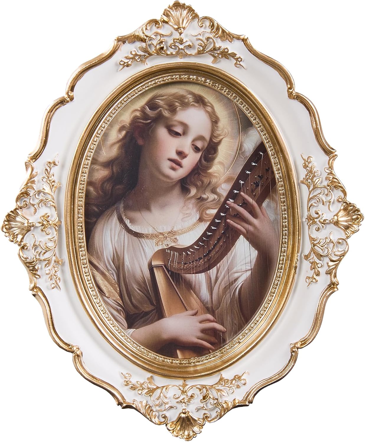 5x7 Ornate Oval Resin Photo Frame with Velvet Backing, Vintage Picture Frame for Wall/Tabletop, Hand-Crafted Hanging Frames with Easel, Hook & Mat for Home, Photo Gallery Art (White Gold)