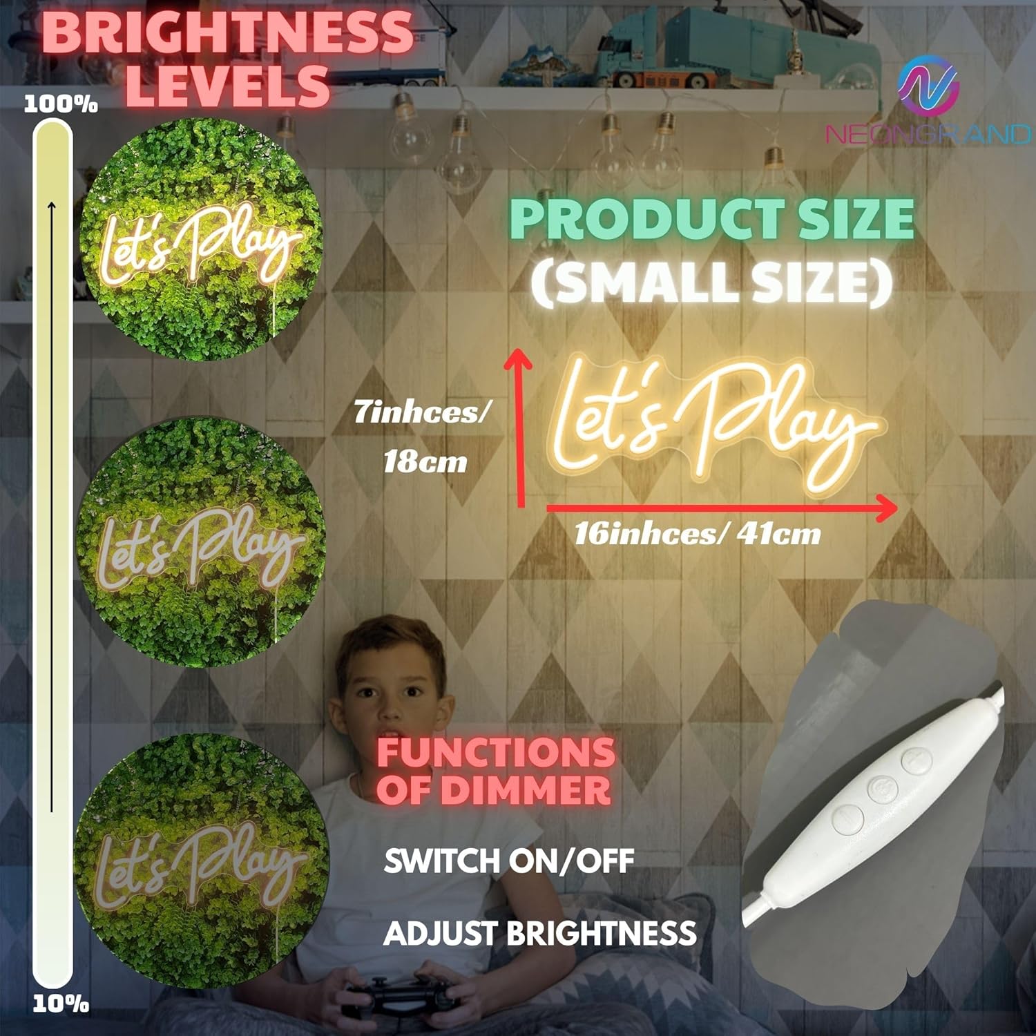 Let's Play Neon Sign Lets Play Sign LED Light Kids Playroom Decor Kids Wall Art Boho Playroom wall art Neon Lights for party Game Room Signs (Warm White - Small size 16x7")