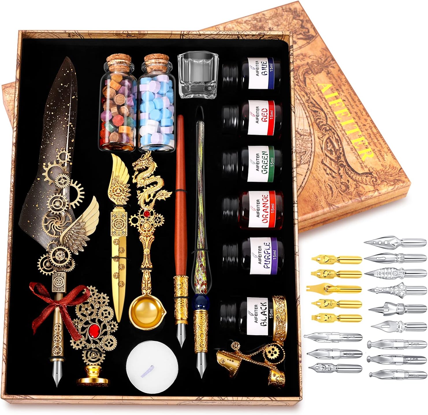 Aifeiter Feather Pen Ink Set - 6 Bottles of Ink, Quill Pen, Glass & Wooden Dipping Pens, 8 Sheets of Writing Paper, Envelope, Wax Granules, Round Wax, Seal, Spoon, Pen Holder (Grey)