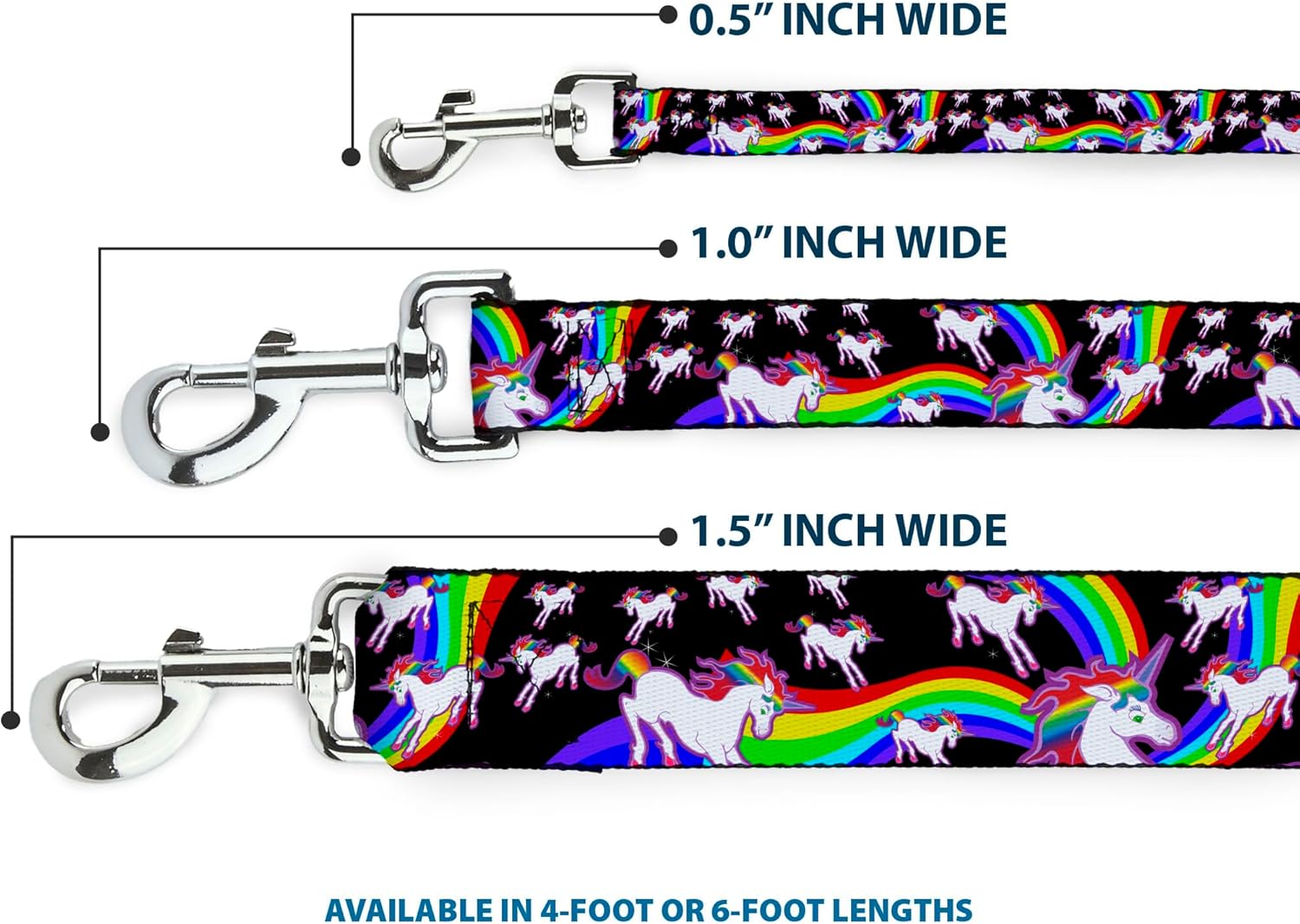 Dog Leash Unicorns Rainbow Swirl Black 6 Feet Long 1.0 Inch Wide