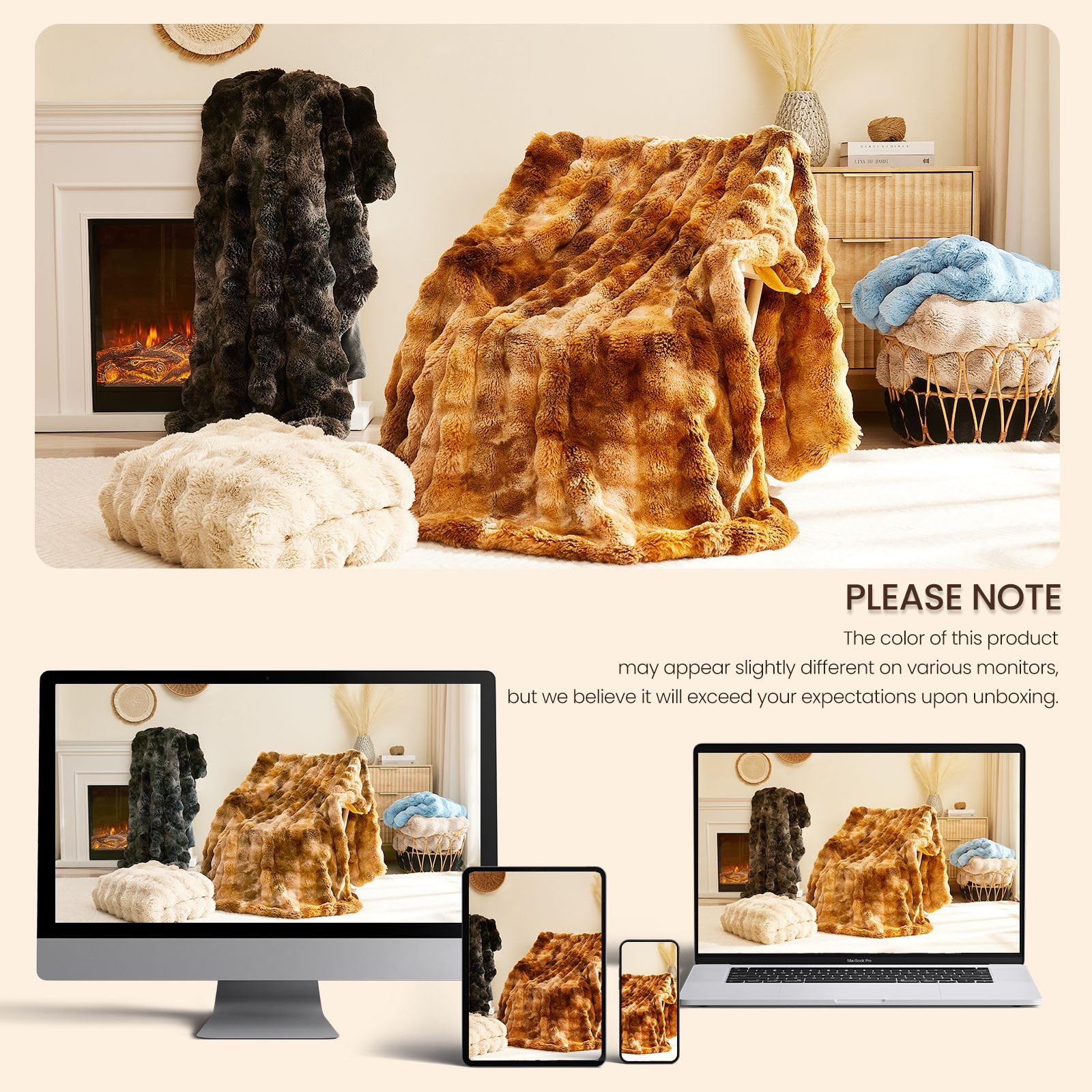 L'AGRATY Kunstkaninchenfell-Decke: 200x220cm Luxuriöse, weiche, Flauschige, Dicke Fellwurfdecke für Couch, Bett, Sofa - Gemütliche, plüschige Blasendecken mit Warmer Flanell-Fleece (Cremeweiß)