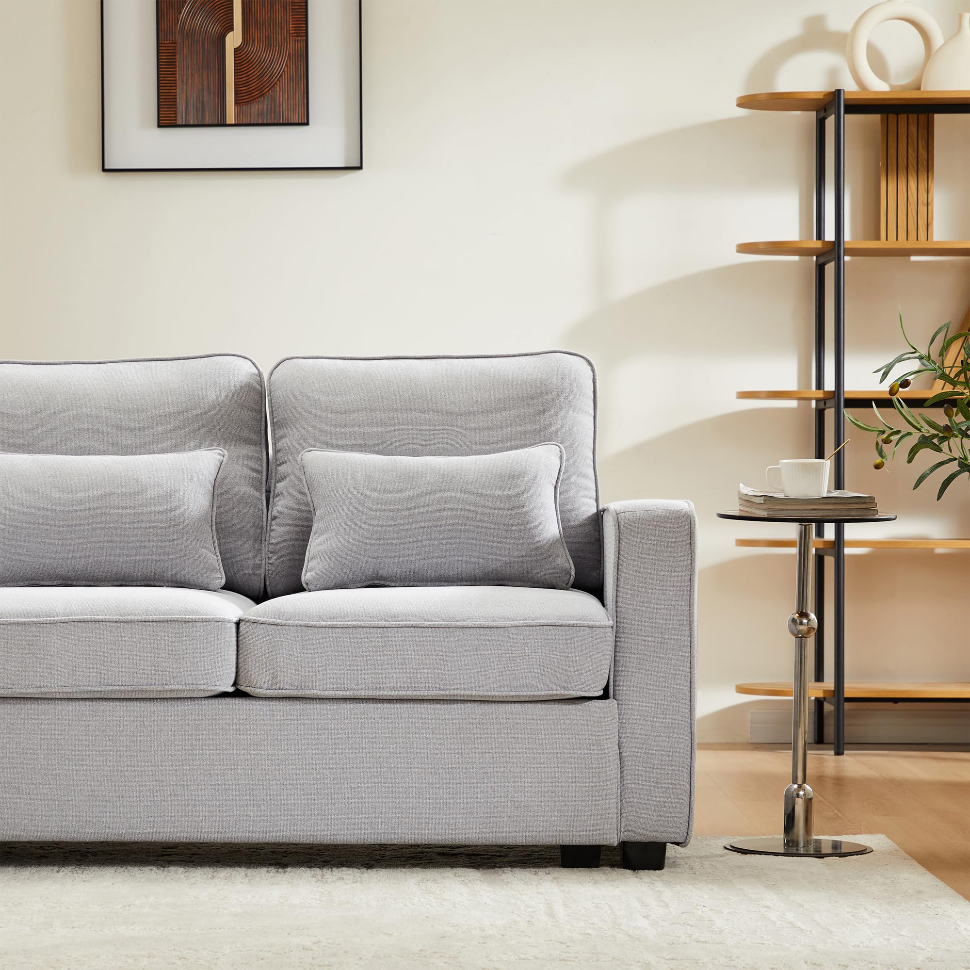 Sofá moderno de 4 plazas en tela de lino, sofá de cuatro plazas con bolsillos para apoyabrazos y 4 cojines, sofá de estilo simple, adecuado para sala de estar, casa, oficina (Gris)