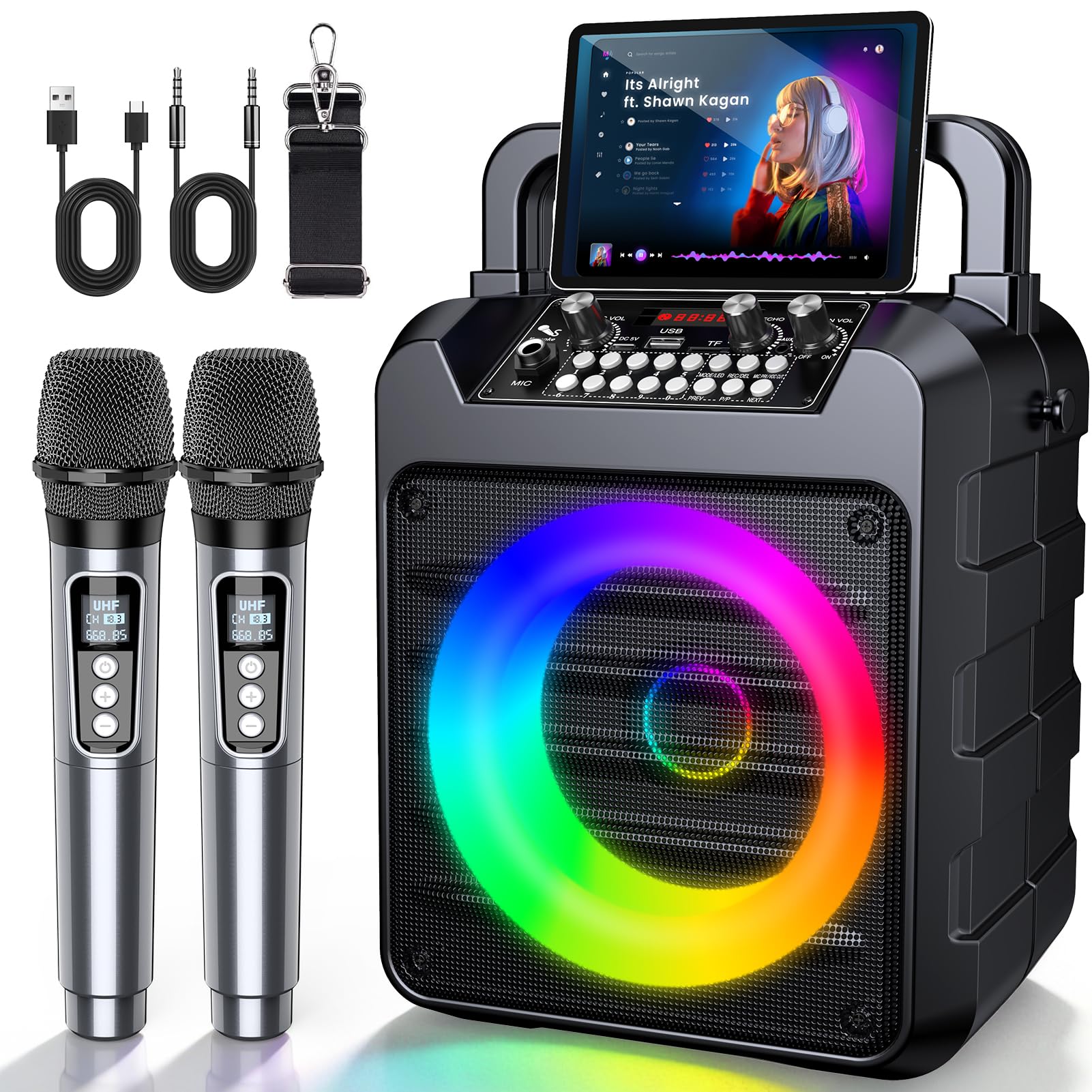 Dislocati Karaoke Maschine mit 2 Wireless Mikrofonen - 20W Tragbarer Party-Lautsprecher, LED-Lichtshow, TWS, AUX/USB, Bluetooth 5.3, 12h Laufzeit - Geschenk Für Erwachsene und Kinder