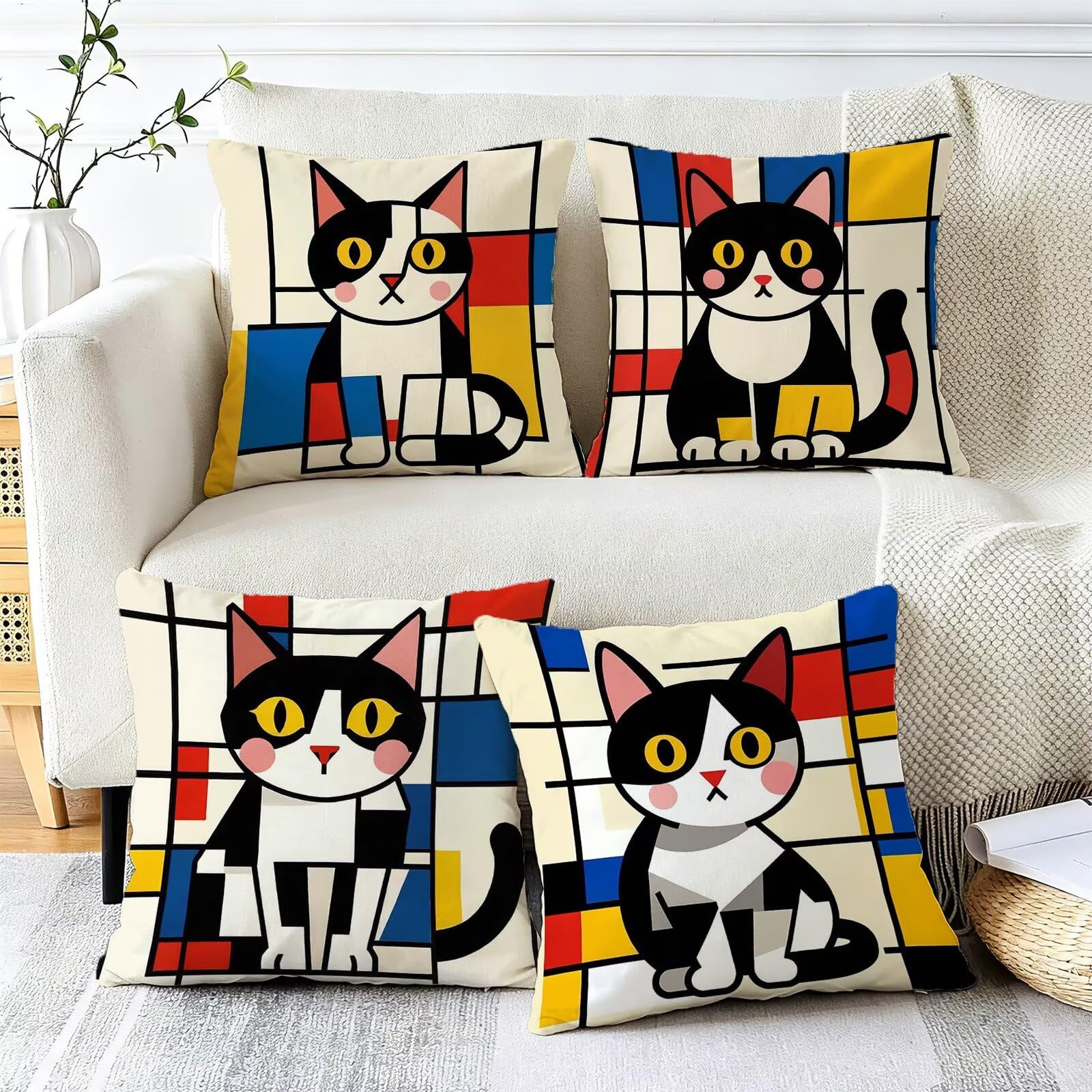 Animale Federe Cuscini Divano 60x60cm, Cuscini da Esterno, Cod-126 | Lin Copricuscini Decorativi Letto Arredo, per Letto, Soggiorno, Giardino, Esterno, Casa Decorazione Set di 4 Gatto