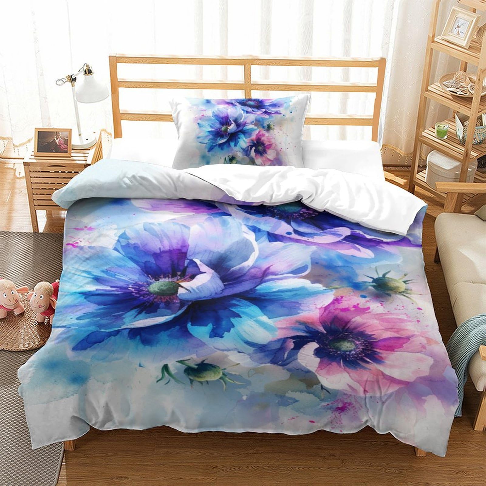 Housse de couette fleurs aquarelle 3D anti-plis en microfibre douce