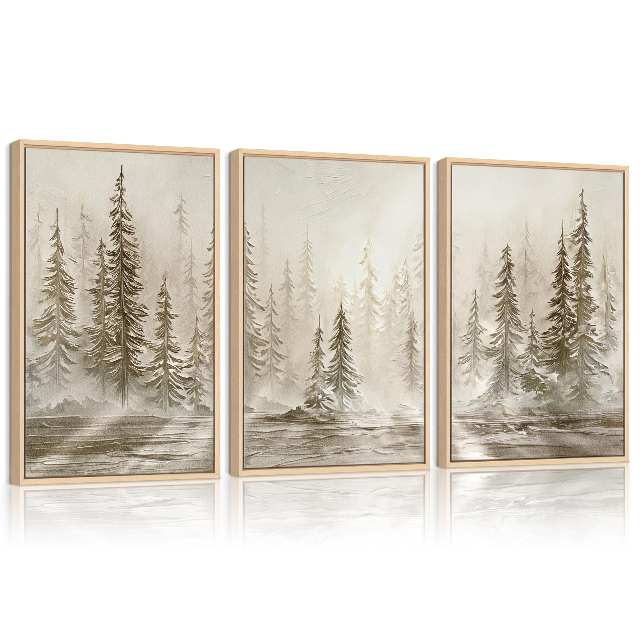 3Pcs Quadri Moderni Neutro Astratto Paesaggio Stampa Su Tela Con Cornice, Nebuloso Sole Pino Foresta Stampe Da Parete Natura Rustico Foresta Quadro Decor per Soggiorno Camera da Letto Cucina 30x40cmx3