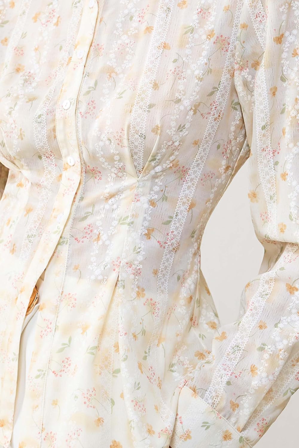 Women's Band Collar Lace Floral Button Blouse Waist-Tailored Long Sleeve Casual Top - Image 5