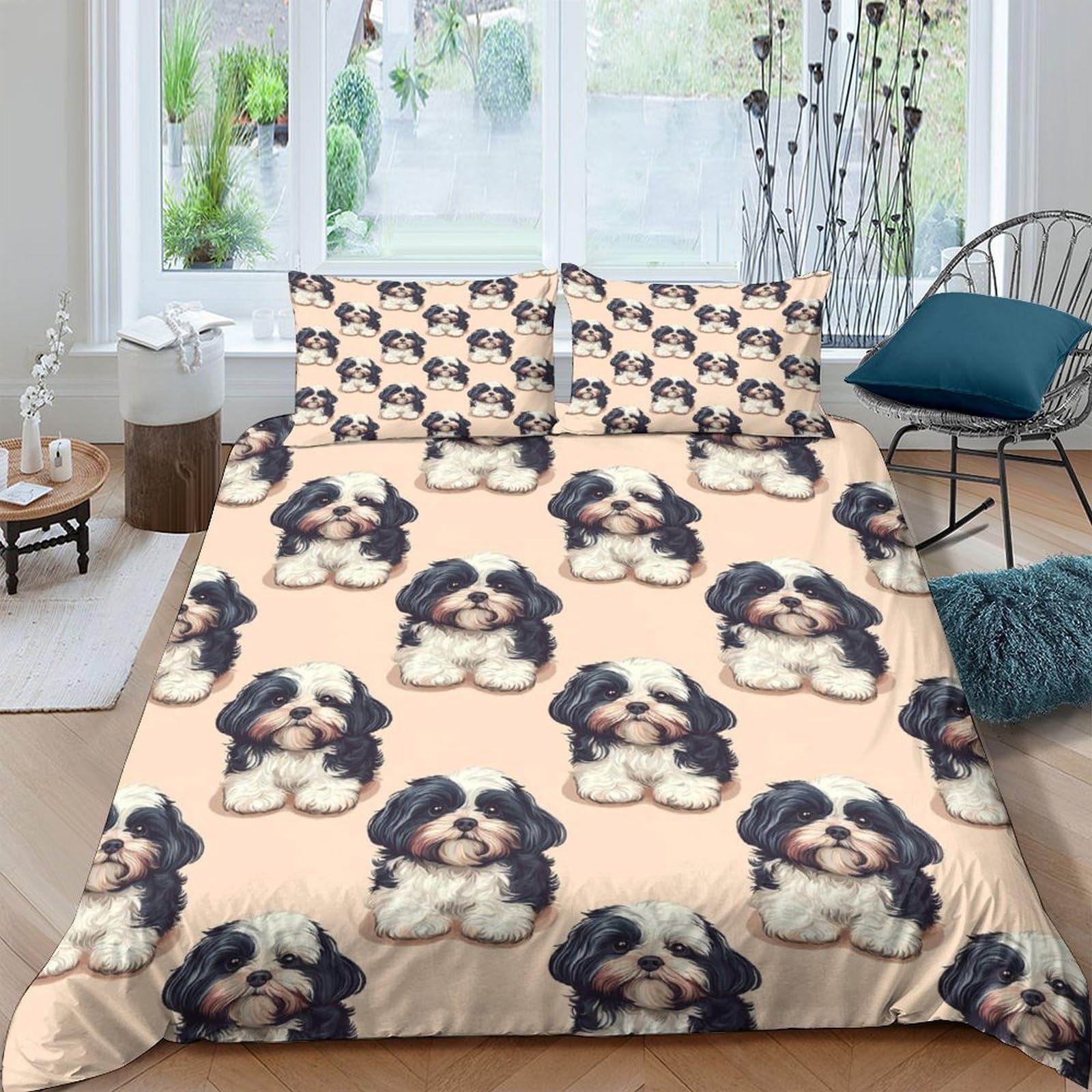 GPLZQXKJNH 3D Printed Shih Tzu Dog Pattern Duvet Cover Microfiber Soft Breathable Puppy Bedding Set with 2 Pillowcases for Bedroom Decor Single（135x200cm）