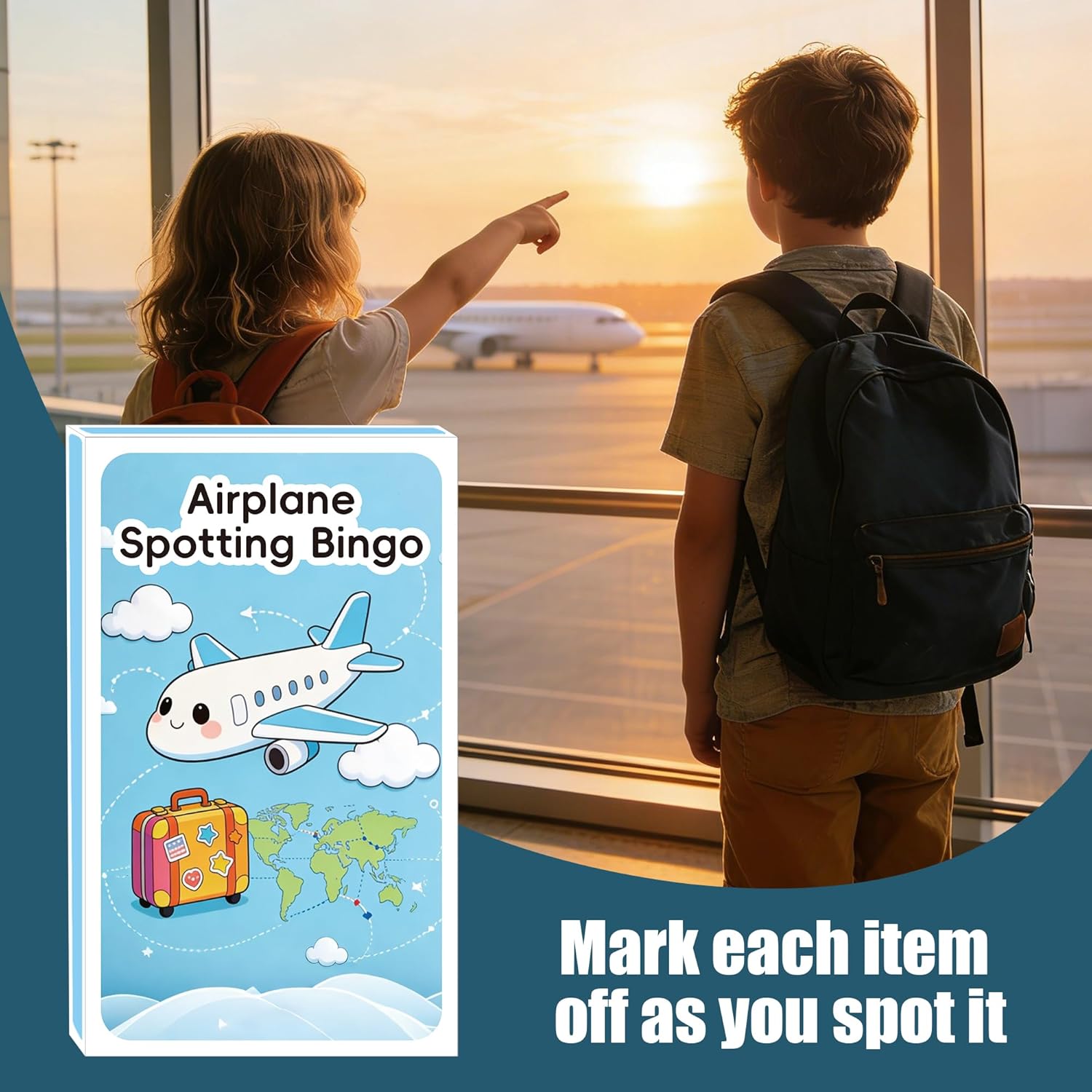 Airplane Hunt Bingo Game, Travel Themed Activity Cards for Kids with Adventure Sky Journey Book